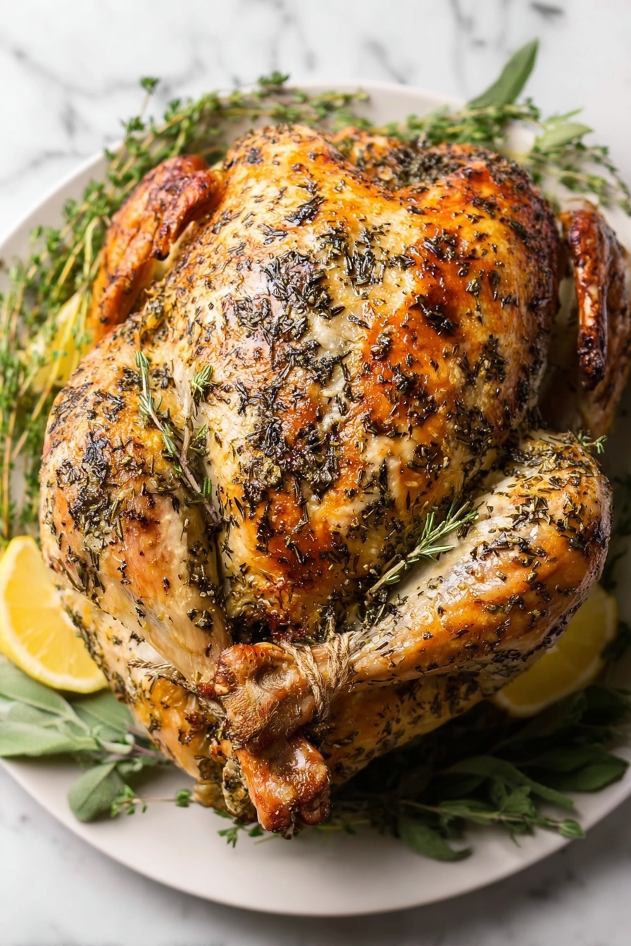 Herb Butter Roast Turkey, roast turkey recipe, juicy turkey, holiday turkey, flavorful roast turkey - A fully roasted whole bird with a golden brown and slightly shiny skin covered in a mix of black and green dried herbs, placed in the center of a white plate. The bird's legs are tied close to the body, and the wings are tucked underneath. Surrounding the bird, there are fresh green herb sprigs and slices of lemon peeking out under the edges. The plate sits on a white marbled surface. photo taken with an iphone --ar 2:3 --v 7