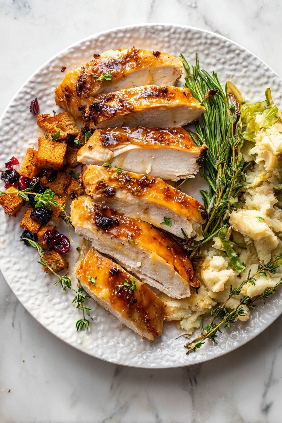 Perfect Roast Turkey Breast with Savory Gravy, turkey breast roast recipe, juicy turkey breast with gravy, oven-roasted turkey breast, easy holiday turkey recipe - The image shows several thick slices of cooked meat with a golden-brown crispy skin on top and moist, tender white inside. The slices are stacked close together, slightly overlapping, and placed on a flat white plate with visible juices around them. Fresh green sprigs of rosemary are scattered nearby to add color contrast. The background features a white marbled texture, enhancing the warm colors of the cooked meat. photo taken with an iphone --ar 2:3 --v 7