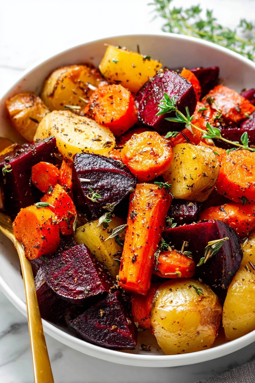Roasted Root Vegetables, easy roasted root vegetables, healthy roasted root vegetable side dish, flavorful root vegetables, seasonal roasted vegetables - A white bowl filled with roasted vegetables showing about three layers mixed together: deep red beet pieces with a shiny surface, orange carrot rounds with a slightly caramelized look, and light yellow potato chunks with brown edges. They are all coated lightly with herbs and black pepper sprinkled on top. Small green sprigs of thyme are scattered over the vegetables, adding fresh green highlights. A gold spoon is placed inside the bowl on the left side. The background is a white marbled surface. photo taken with an iphone --ar 2:3 --v 7
