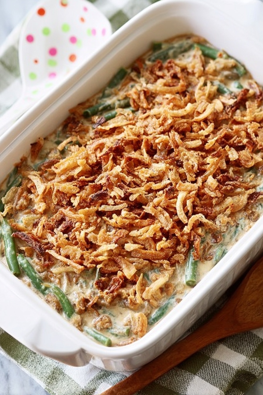 Green Bean Casserole with Bacon and Mushrooms, green bean casserole with bacon, bacon mushroom casserole, cheesy green bean side dish, holiday green bean casserole - The image shows a white rectangular baking dish filled with a creamy green bean casserole. The casserole has a smooth light beige sauce mixed with bright green beans as the second layer. The top layer is a thick, even spread of golden brown crispy fried onions, creating a crunchy texture on top. The dish sits on a white marbled surface next to a white slotted spoon with pastel polka dots. The scene is cozy and bright with soft natural light. photo taken with an iphone --ar 2:3 --v 7
