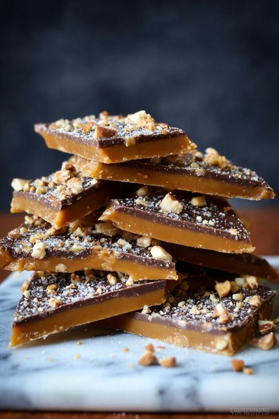 English Toffee with Chocolate and Nuts, best English Toffee, homemade toffee recipe, easy toffee with nuts and chocolate, crunchy buttery toffee - The image shows a stack of caramel toffee pieces on a white marbled surface. Each piece has three layers: a bottom smooth and light brown toffee layer, a thin middle dark chocolate layer, and a top layer sprinkled with small chopped nuts and a dusting of white flakes. The pieces are irregularly cut into triangles and stacked unevenly to form a small pile against a dark blurry background. The surface texture of the toffee layer looks smooth and firm, while the chocolate layer is solid and glossy. photo taken with an iphone --ar 2:3 --v 7