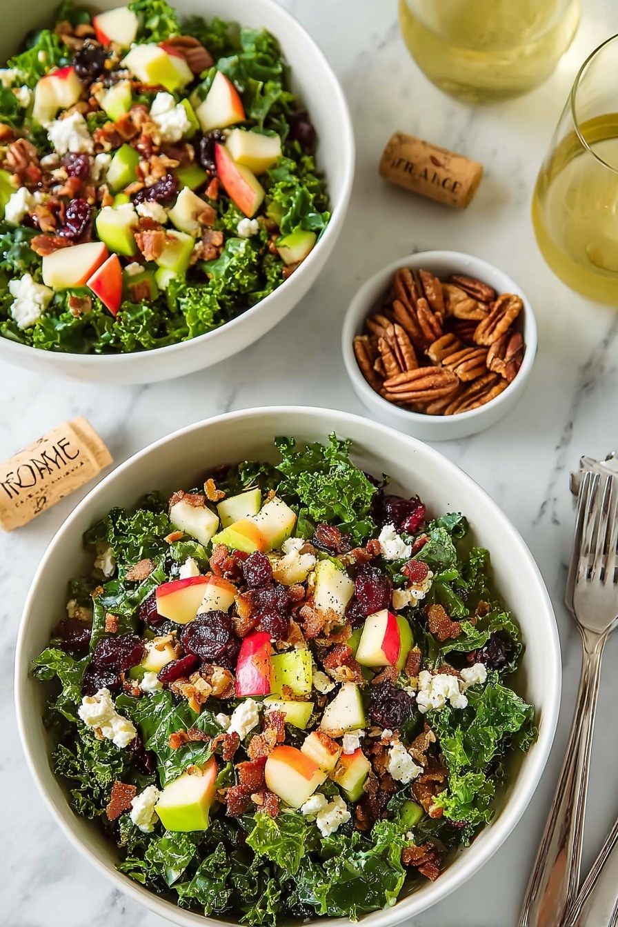 Apple Cranberry Kale Salad with Candied Pecans, healthy festive salad, easy kale salad recipe, crunchy autumn salad, vegan friendly kale salad - Two white bowls filled with layered salad sit on a white marbled surface. Each bowl has a dense layer of dark green curly kale leaves at the bottom. On top of the kale are scattered pieces of red and yellow apple chunks with skin on, small light green celery bits, white crumbled cheese, dark red dried cranberries, and small brown pecan clusters. There are also small pieces of cooked bacon with a crispy texture mixed through the salad. Nearby, there is a small white bowl with extra pecans, a glass of light yellow drink, silver forks to the upper right, and a cork with the word