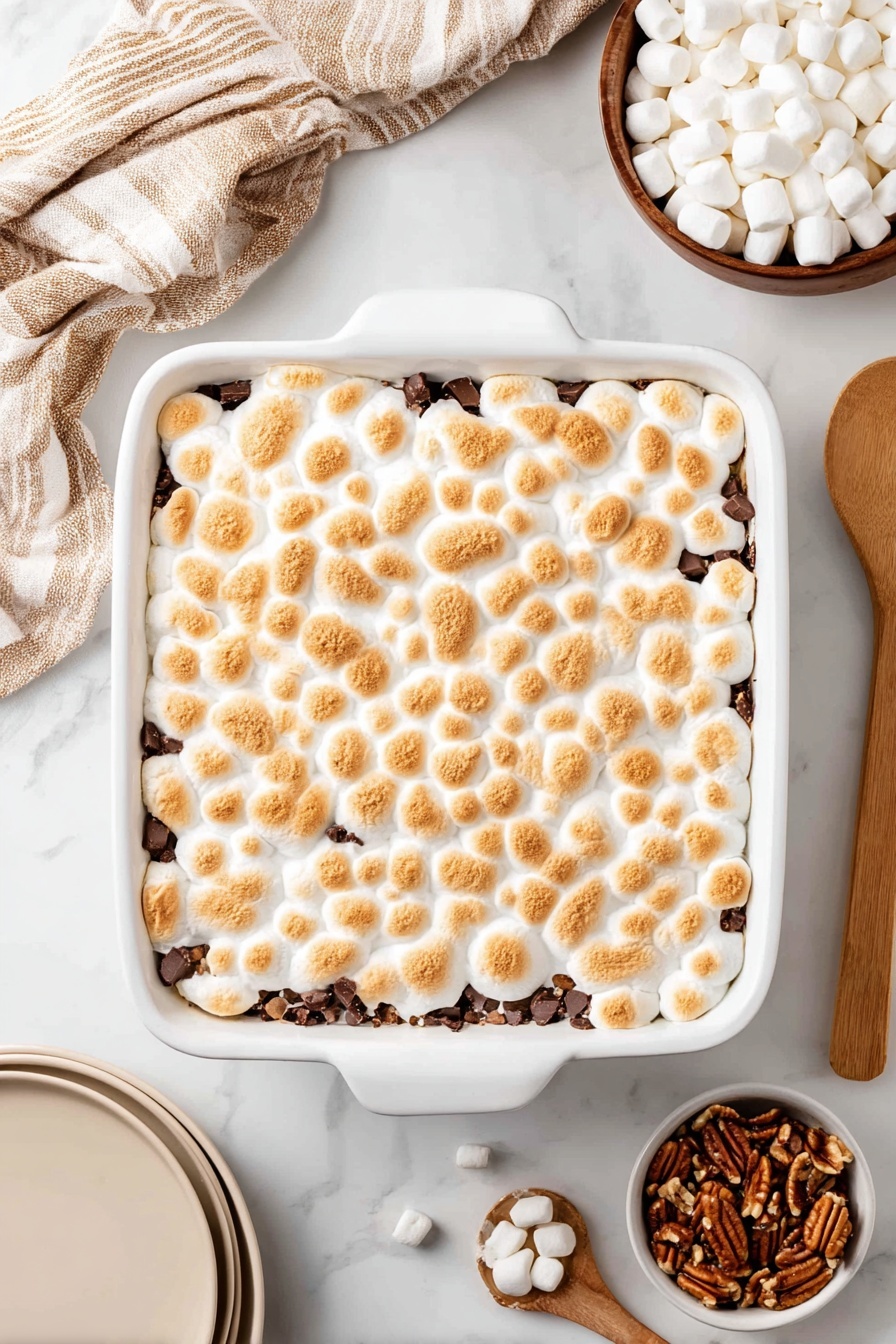 Sweet Potato Casserole with Marshmallows, best sweet potato casserole, holiday sweet potato dish, marshmallow-topped sweet potato bake, easy Thanksgiving casserole - A white baking dish holds a square dessert with one layer of golden toasted marshmallows on top that are puffed and slightly browned in spots, forming a textured, uneven surface. Beneath the marshmallows, dark chocolate chunks peek through along the edges, surrounded by a gooey, melted layer. The dish rests on a white marbled surface. Nearby are a small white bowl filled with chopped pecans, a wooden spoon with a smooth texture to the right, a stack of white plates at the bottom left, and a brown bowl filled with small white marshmallows in the top right corner. A striped beige cloth is draped across the top left corner. Photo taken with an iphone --ar 2:3 --v 7