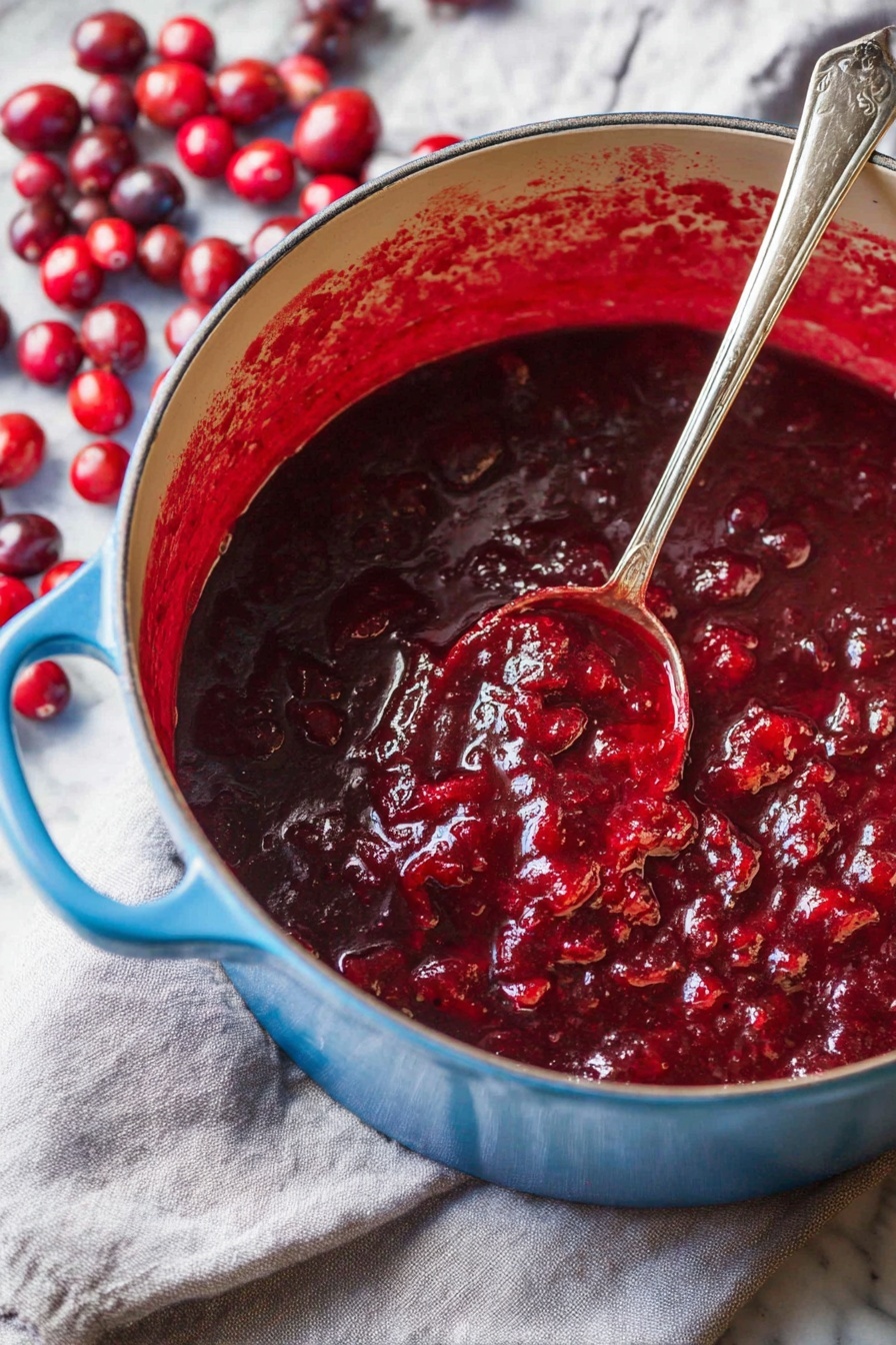 Homemade Cranberry Sauce, easy cranberry sauce, holiday cranberry sauce, quick cranberry condiment, fresh cranberry sauce - A close view of a blue pot filled with thick, chunky dark red sauce with visible whole cranberries and small bits of fruit, showing a textured surface. A silver spoon is resting inside the pot, partially submerged in the sauce. The pot sits on a light gray cloth with fresh whole red cranberries scattered around on a white marbled surface. The inside rim of the pot has red sauce stains. photo taken with an iphone --ar 2:3 --v 7