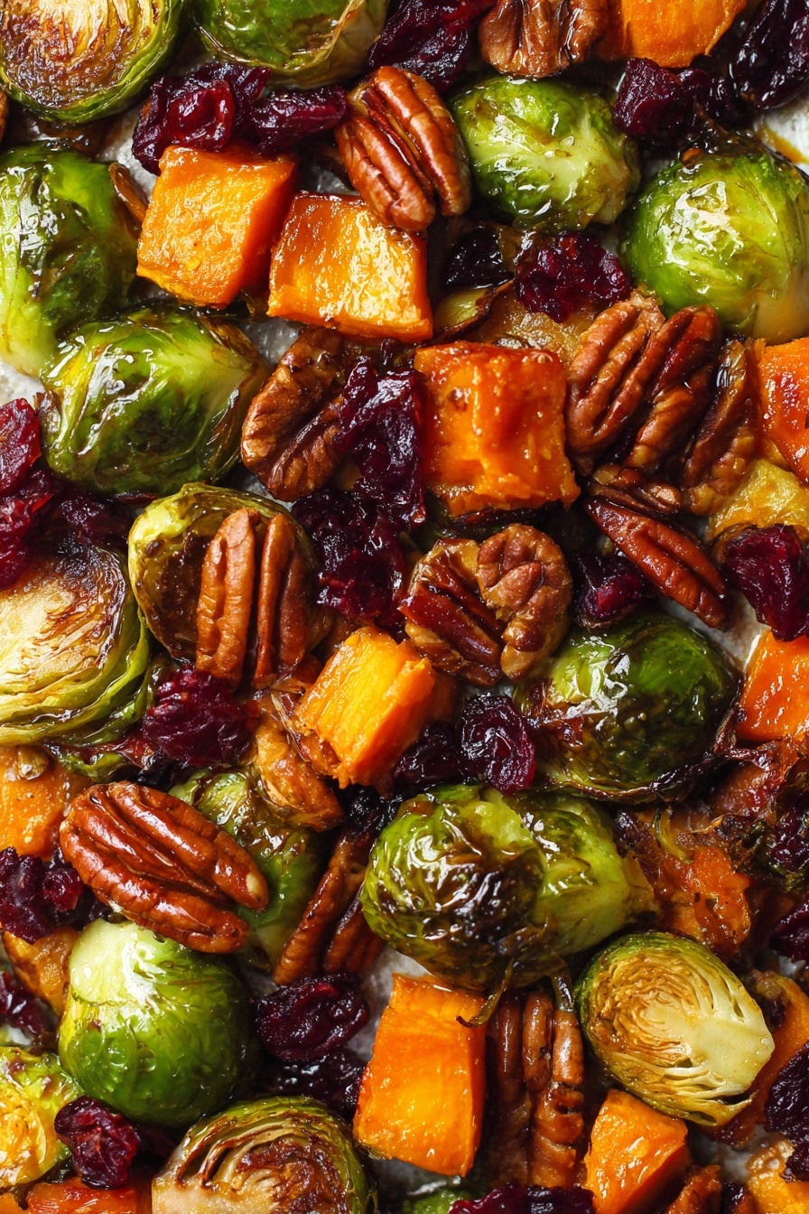 Winter Roasted Vegetable Salad, roasted vegetable salad, winter vegetable salad, healthy roasted veggie salad, holiday roasted veggie salad - The image shows a close-up view of a mixed roasted vegetable and nut dish. The base layer consists of green Brussels sprouts with slightly charred, browned outer leaves giving a crispy texture. Scattered among them are chunks of bright orange roasted sweet potatoes, slightly caramelized. Deep red dried cranberries add a sweet contrast, along with golden brown pecans that provide a crunch. The ingredients are glossy, likely coated with oil or glaze, creating a shiny, appetizing surface. The whole mix sits on a white marbled textured surface. photo taken with an iphone --ar 2:3 --v 7