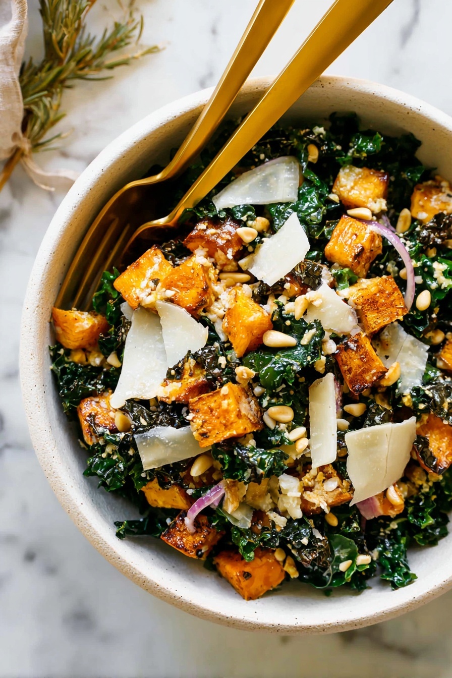 Autumn Caesar Salad with Roasted Delicata Squash, fall salad recipes, roasted delicata squash salad, healthy autumn salads, kale and squash salad - The image shows a bowl with four layers. The bottom layer is dark green curly kale leaves, filling the bowl. On top of the kale is a layer of roasted orange and green squash chunks mixed with small brown crispy crumbs. Over that, there are scattered light yellow thin shavings of cheese sprinkled with black pepper. Finally, creamy white sauce is being poured over the top, drizzling down the squash, cheese, and kale. The bowl is white and set on a white marbled surface. The photo taken with an iphone --ar 2:3 --v 7