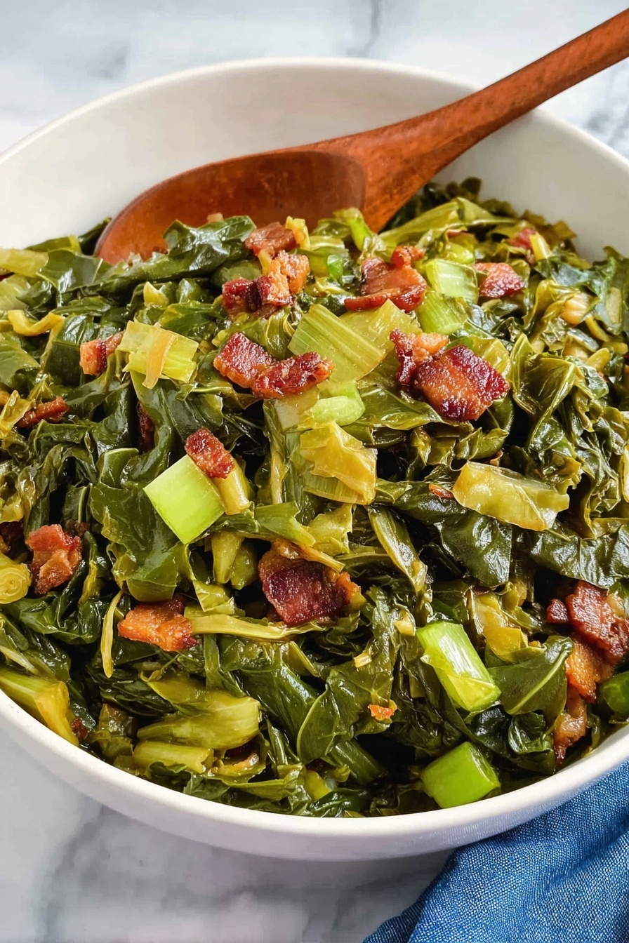 Southern Collard Greens with Bacon, collard greens recipe, bacon collard greens, Southern greens with bacon, smoky collard greens - A white bowl filled with cooked leafy green vegetables that look soft and slightly shiny, mixed with small pieces of browned and crispy bacon or meat. There are also light green chunks of what appears to be cooked celery or similar vegetable scattered evenly on top. A wooden spoon is placed inside the bowl, partially submerged in the food. The bowl sits on a white marbled surface with a blue cloth partially visible on the side. photo taken with an iphone --ar 2:3 --v 7