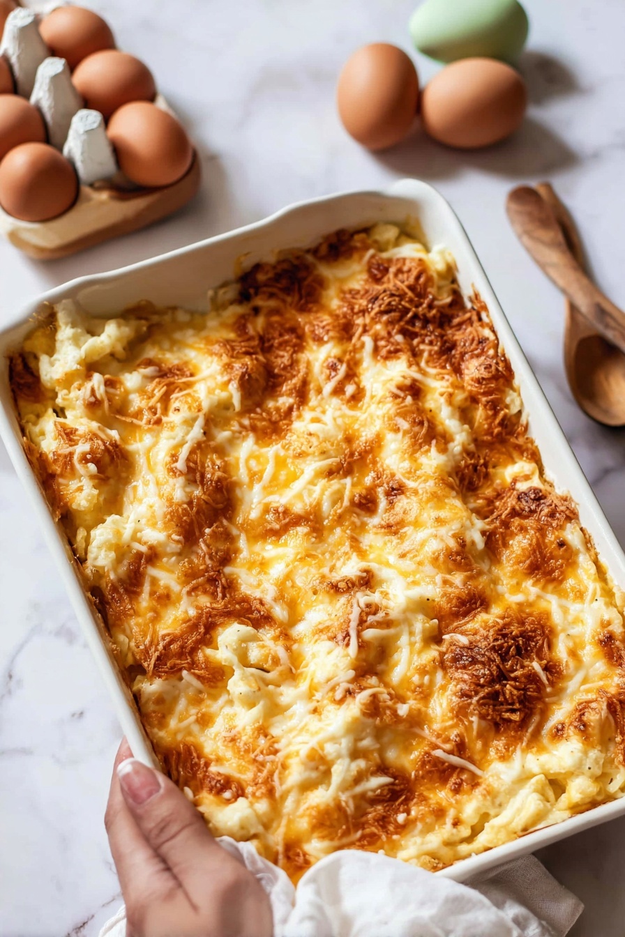 Creamy Baked Mac and Cheese, baked mac and cheese recipe, cheesy baked pasta, comfort food recipes, easy mac and cheese - A white ceramic rectangular baking dish filled with a baked casserole, featuring a thick, bubbly golden-brown cheese crust on top that appears crispy and slightly browned in spots. The casserole has uneven surface texture with melted cheese stretches and small browned patches. The dish sits on a white marbled surface, with part of a wooden spoon to the right and two eggs—a brown and a green one—in an egg holder on a wooden board in the top left corner. A woman's hand is not directly visible, but a white cloth is partly under the dish on the bottom right corner photo taken with an iphone --ar 2:3 --v 7