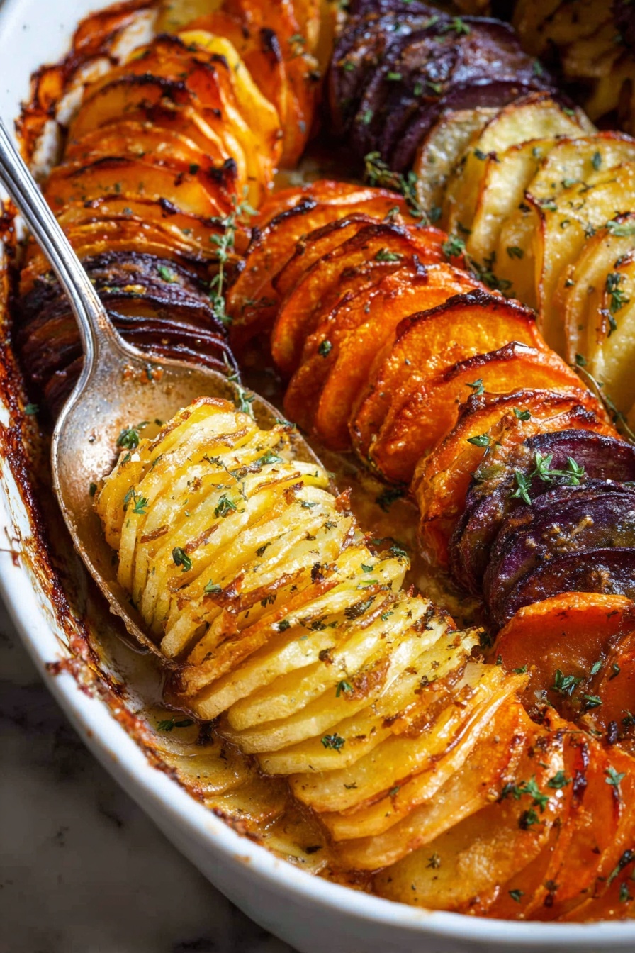 Cheesy Root Vegetable Gratin, root vegetable gratin, cheesy vegetable bake, creamy root veggie dish, seasonal vegetable side - A metal baking dish holds a layered vegetable gratin with five distinct rows of thinly sliced rounds arranged in a slightly curved pattern. The layers alternate in colors: dark purple eggplant on the far left, light yellow potato next to it, deep red beetroot in the center, bright orange sweet potato to the right, and creamy off-white potato on the far right. Each vegetable slice shows slight browning and charring at the edges, with a few fresh green thyme leaves sprinkled on top. A silver spoon rests inside the dish at the bottom left, partially covered with sauce residue. The background is a white marbled texture. Photo taken with an iphone --ar 2:3 --v 7