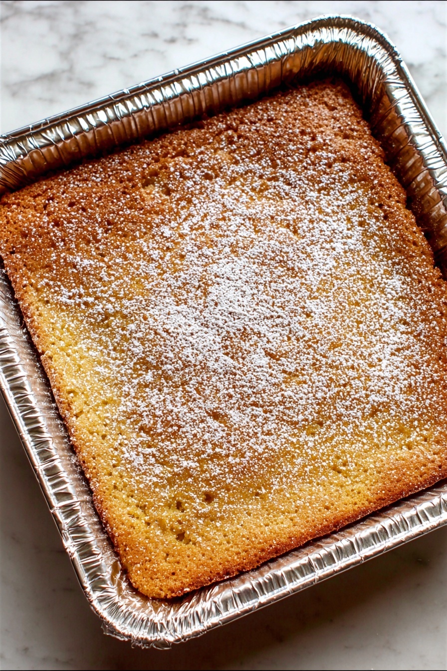 Coconut Milk Snack Cake, moist coconut cake, easy coconut cake recipe, quick snack cake, coconut dessert - A single-layer golden brown baked square cake with a slightly crunchy top texture, evenly dusted with fine white powdered sugar. The cake is inside a shiny silver foil tray, showing the cake’s soft crumb and lightly crisped edges. The foil tray rests on a white marbled surface, highlighting the cake’s warm tones. photo taken with an iphone --ar 2:3 --v 7