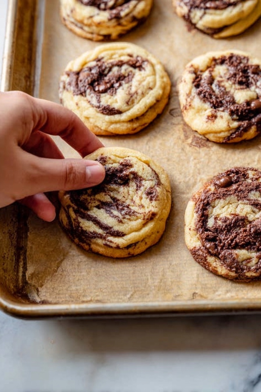 Cinnamon Filling Cookies, cinnamon cookies recipe, soft cinnamon cookies, homemade cinnamon cookies, buttery cinnamon cookies - A close-up view shows a woman's hand picking up one soft cookie from a baking sheet lined with parchment paper. The cookies are light golden brown with swirls of dark chocolate spread unevenly on the top, giving a marbled look. The baking sheet is placed on a white marbled surface. The cookies are round and slightly puffed, with a soft texture visible from the slight cracks and folds on the surface. There are about seven cookies on the sheet, spaced apart evenly. Photo taken with an iphone --ar 2:3 --v 7
