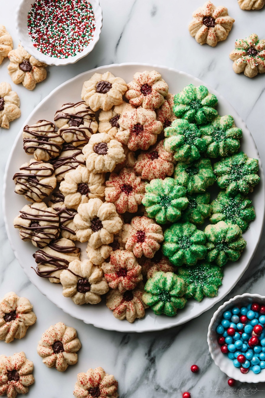 Spritz Cookies, buttery spritz cookies, holiday cookies, crisp-edged cookies, homemade spritz cookies - A white plate is filled with four rows of festive cookies arranged neatly. The first row on the left has light brown flower-shaped cookies decorated with chocolate stripes and a dark chocolate center. The next row has slightly darker light brown flower cookies sprinkled with red and green sugar, appearing rough textured. The third row consists of bright green flower cookies with red sugar sprinkles. The fourth row has light brown flower cookies with chocolate stripes and a chocolate center on top. Around the plate, there are more scattered light brown cookies sprinkled with red and green sugar. Two small white bowls with Christmas-themed sprinkles, one filled with red, green, and white tiny balls and the other with blue sugar, sit on the white marbled surface. Photo taken with an iphone --ar 2:3 --v 7