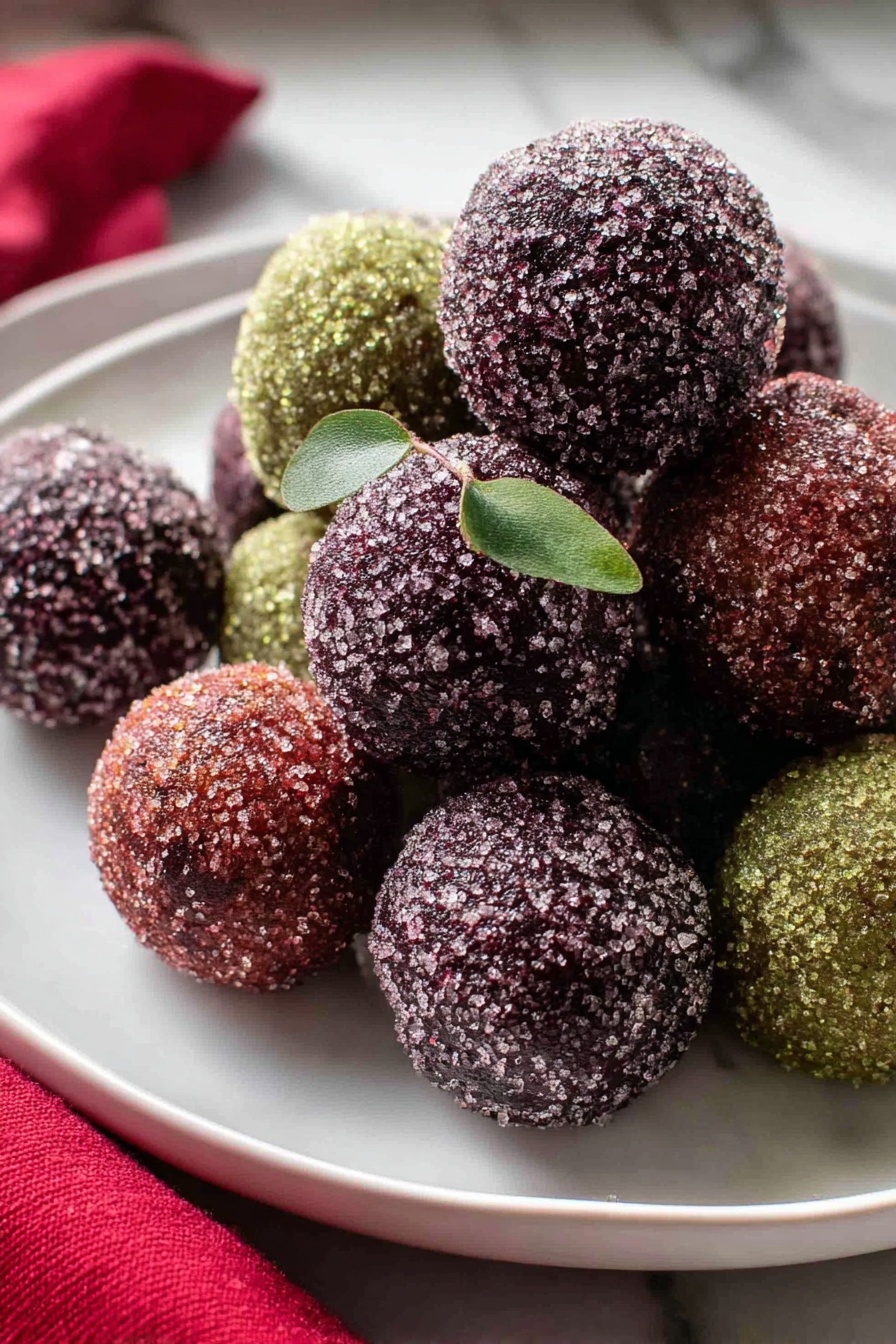 Festive Sugar Plum Balls, holiday treat ideas, no-bake holiday desserts, Christmas sweet treats, easy festive snacks - The image shows a white plate with a pile of round, sugar-coated balls that have a rough texture from the sugar crystals. There are about ten balls in the pile, with colors mostly in dark purple, reddish-brown, and a couple in a greenish shade. One of the dark purple balls near the center has a small green leaf on its side. The plate sits on a white marbled surface with a red cloth partially visible at the bottom left corner. The photo zooms in closely to highlight the sugar crystals and texture of the balls. photo taken with an iphone --ar 2:3 --v 7