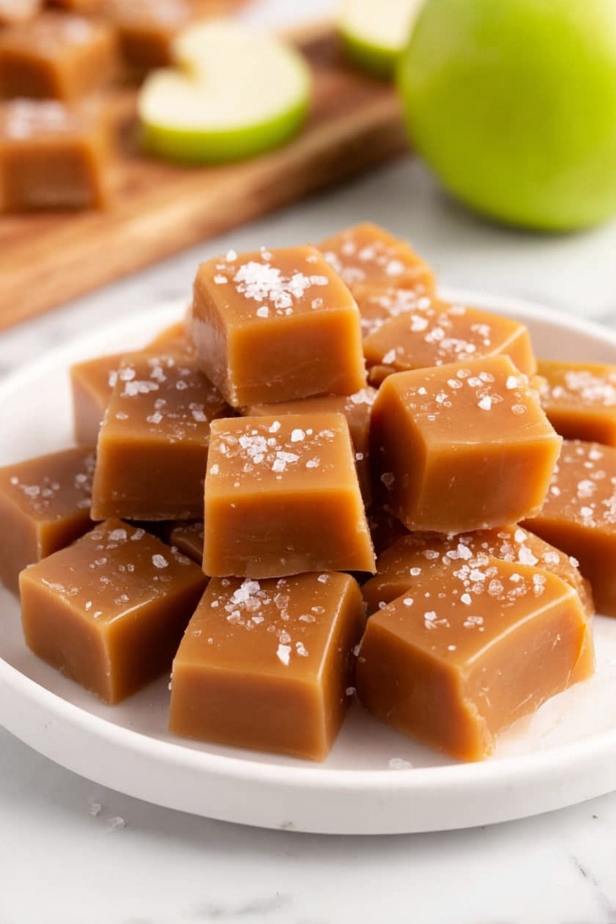 Apple Cider Caramels, fall caramel candies, cozy caramel treats, homemade apple cider candies, spiced caramel confections - The image shows a pile of soft caramel squares stacked in a small white dish, each piece smooth and shiny with a light brown color. The tops of the caramel pieces are sprinkled with coarse white sea salt crystals, adding a rough texture that contrasts with the smooth caramel. The background features a white marbled surface that brightens the scene. Photo taken with an iphone --ar 2:3 --v 7