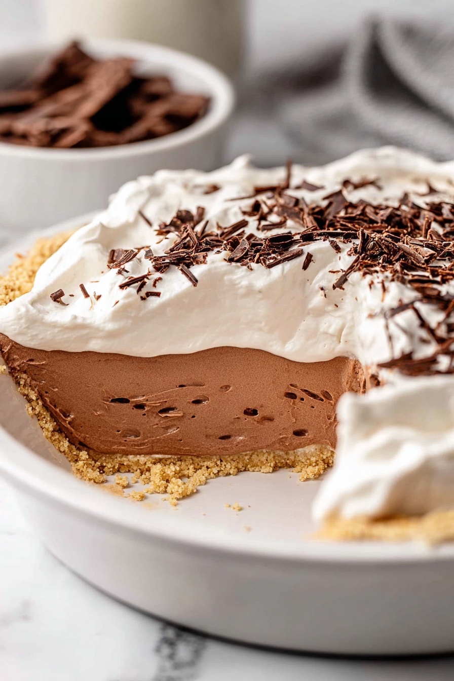 French Silk Chocolate Pie, easy chocolate silk pie, chocolate pie recipe, rich chocolate dessert, creamy chocolate pie - A close-up view of a large, three-layer pie in a white ceramic dish on a white marbled surface. The bottom layer is a thick, crumbly light beige crust with a slightly uneven edge. Above it is a smooth, dense, milk chocolate brown mousse layer that takes up most of the pie's height. On top is a thick, fluffy white cream layer, spread unevenly with soft peaks and topped with small, thin dark chocolate curls scattered all over. In the background, a white bowl contains more chocolate curls, slightly out of focus. Photo taken with an iphone --ar 2:3 --v 7