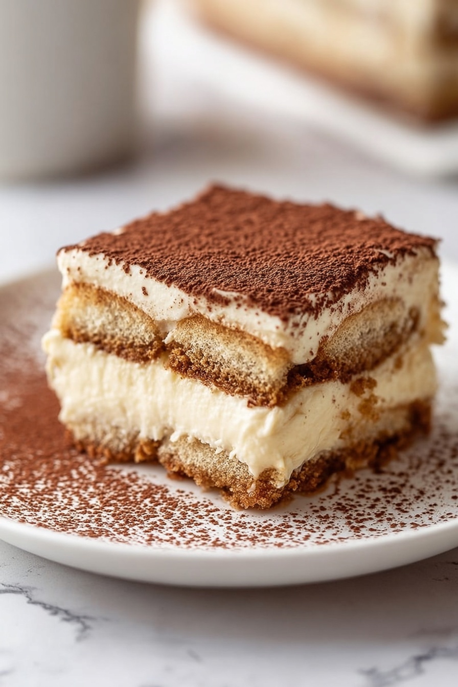 Easy Classic Tiramisu, Italian dessert, coffee and mascarpone dessert, homemade tiramisu, simple tiramisu recipe - A close-up of a square piece of dessert with three distinct layers on a white plate with a white marbled background. The bottom layer is light brown soaked biscuit, the middle layer is creamy light yellow mascarpone cheese mixed with coffee-soaked biscuit, and the top layer is a smooth, creamy light yellow mascarpone cheese dusted heavily with fine dark brown cocoa powder that slightly spills onto the plate. photo taken with an iphone --ar 2:3 --v 7