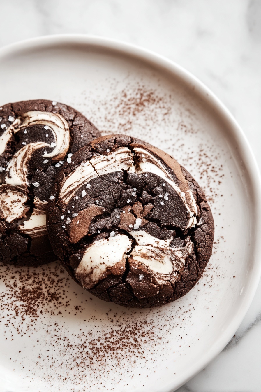 Chocolate Marshmallow Swirl Cookies, Chocolate Marshmallow Cookies, Fudgy Marshmallow Cookies, Easy Swirl Cookie Recipe, No-Bake Marshmallow Cookies - Two dark brown cookies with white swirls spread on top are placed on a white plate. Each cookie has cracks on its surface and some shiny salt flakes sprinkled over the top. The plate also has a dusting of dark brown powder around the edges. The background is a white marbled texture. photo taken with an iphone --ar 2:3 --v 7
