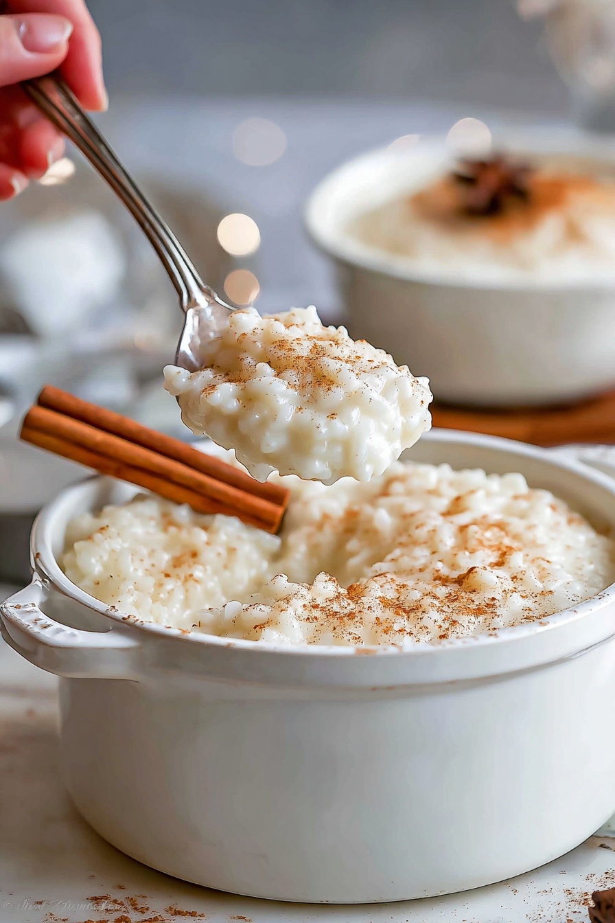 Creamy Rice Pudding with Vanilla and Cinnamon, rice pudding recipes, easy rice pudding, comforting dessert recipes, vanilla cinnamon rice pudding - Two white small pots filled with creamy rice pudding are placed on a wooden board on a white marbled surface. Each pot is filled with a thick layer of white, slightly textured rice pudding, topped with a sprinkle of light brown cinnamon powder. A whole cinnamon stick rests on top of the pudding in the front pot. Next to the pots are two shiny silver spoons with slender handles. In the background, some cinnamon sticks are scattered. The photo taken with an iphone --ar 2:3 --v 7