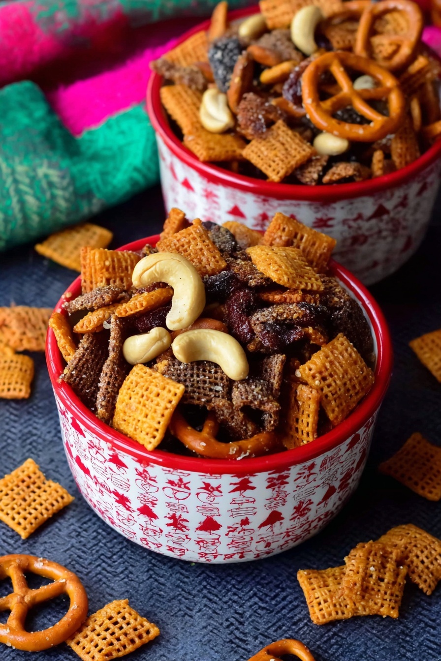 Christmas Eve Savory Snack Mix, savory holiday snack mix, holiday party snack recipes, crowd-pleasing snack mix, festive savory snacks - Two small white bowls with red festive patterns are filled with a snack mix. The mix in the front bowl has layers of orange square crackers, light brown round pretzels with salt, light beige cashew nuts, and small dark brown pieces of cereal with a waffle-like texture. The bowl in the back contains mostly the dark brown cereal pieces, pretzels, and peanuts with a reddish-brown color. Both bowls sit on a dark navy textured surface, with some snack pieces scattered around them. A colorful cloth in green and pink hues is partially visible behind the bowls. Photo taken with an iphone --ar 2:3 --v 7