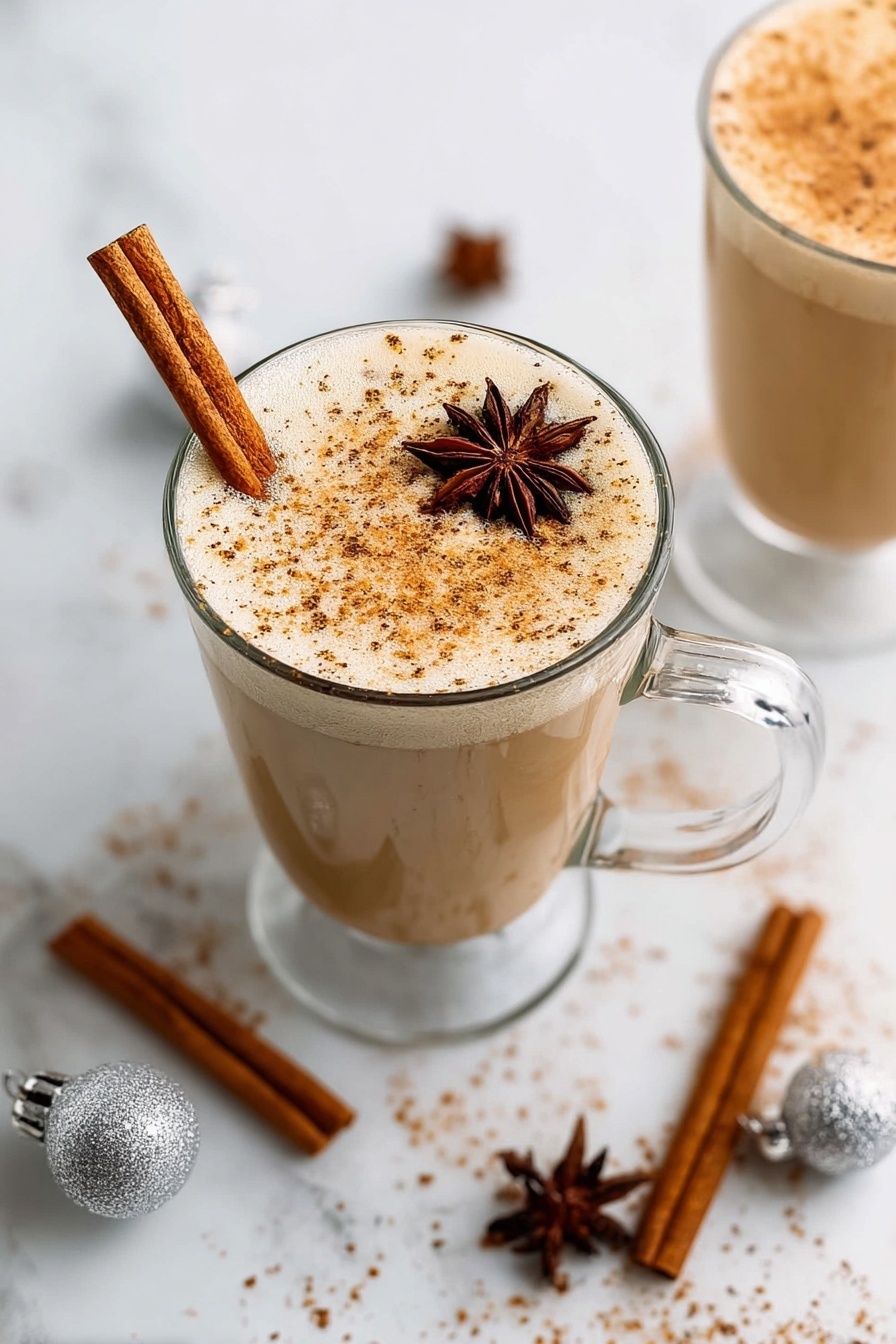 Homemade Eggnog, festive eggnog recipe, holiday eggnog, creamy spiced eggnog, homemade Christmas drinks - Two clear glass mugs filled with a creamy light brown drink, each topped with a sprinkle of cinnamon powder. The mug in front has a cinnamon stick standing upright and a dark brown star anise floating on the surface, while the mug behind has only the star anise on top. The mugs sit on a white marbled surface scattered with more star anise and nutmeg, with silver jingle bells and tied twigs adding a cozy, festive touch around them. photo taken with an iphone --ar 2:3 --v 7