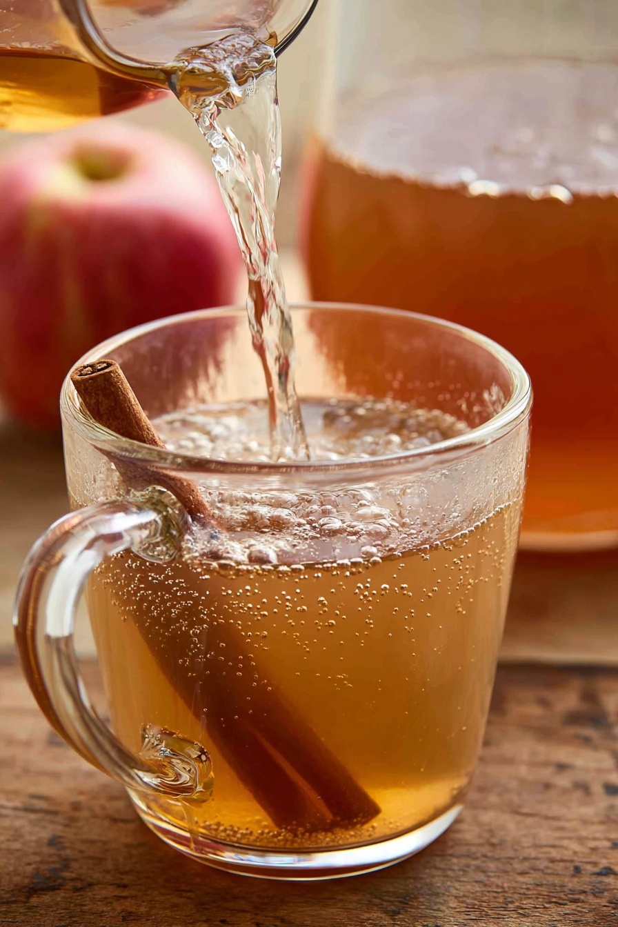 Homemade Apple Cider, apple cider recipe, fall warm drinks, homemade cider, cozy apple drink - A clear glass cup with a handle is shown being filled with a light brown liquid that has a cinnamon stick inside. The liquid is pouring from above, creating bubbles and motion near the bottom of the cup. Behind the cup, there is a glass container with more of the same light brown liquid. In the background, a red apple rests slightly out of focus. The setting appears on a wooden surface. Photo taken with an iphone --ar 2:3 --v 7