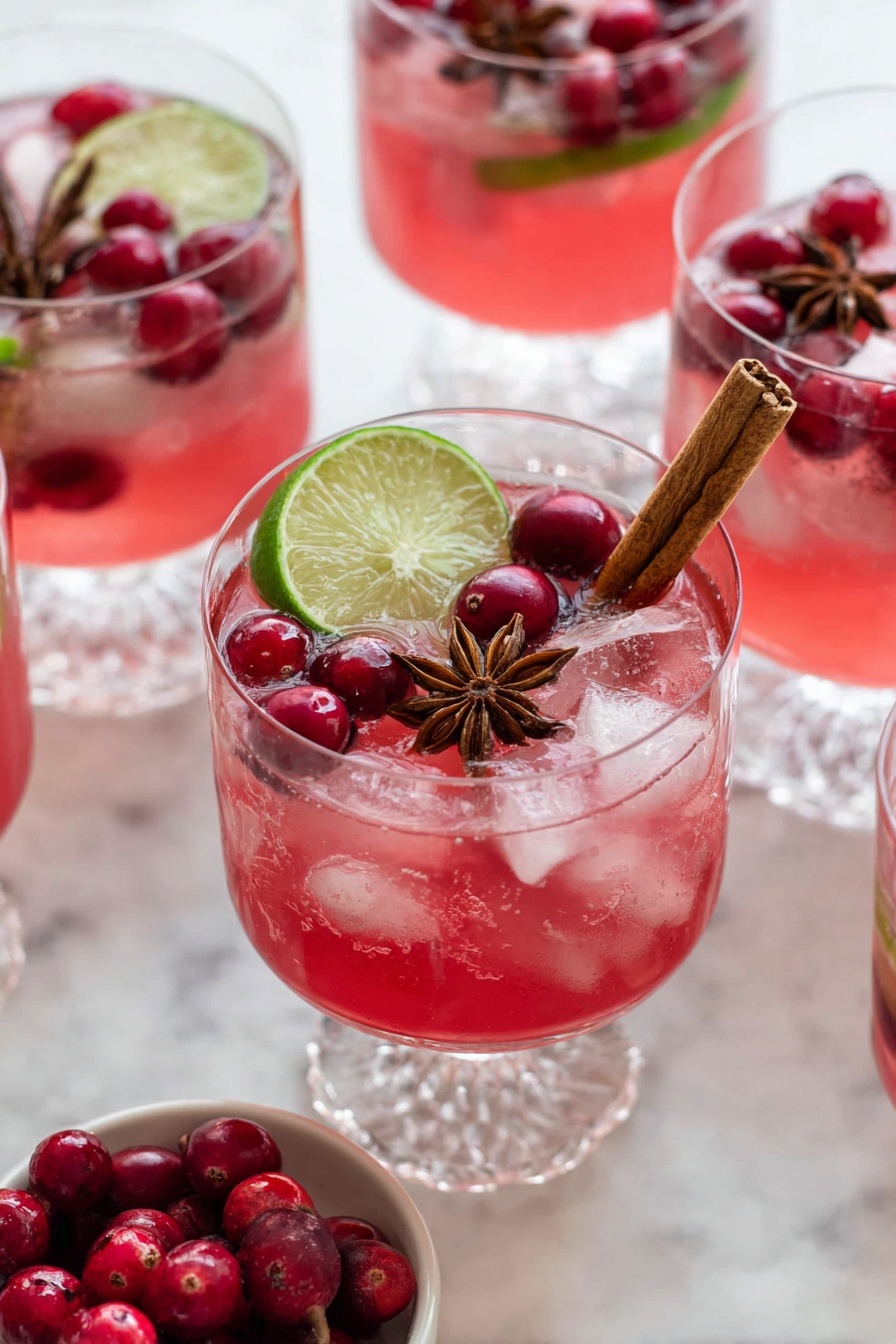Festive Cranberry Ginger Punch, non-alcoholic holiday drinks, holiday party punch, easy festive punch, cranberry ginger punch recipe - The image shows a clear glass with a short stem filled with a pink-red drink and ice cubes. On top of the drink, there is a long brown cinnamon stick placed diagonally, a green lime wedge on the rim, several bright red cranberries, and a star anise for decoration. Around the main glass, there are other similar glasses filled with the same pink-red drink, ice cubes, and garnishes like cranberries, cinnamon sticks, and lime slices. In the lower part of the image, there is a small white bowl filled with fresh red cranberries. All the glasses and bowl are set on a white marble surface. photo taken with an iphone --ar 2:3 --v 7