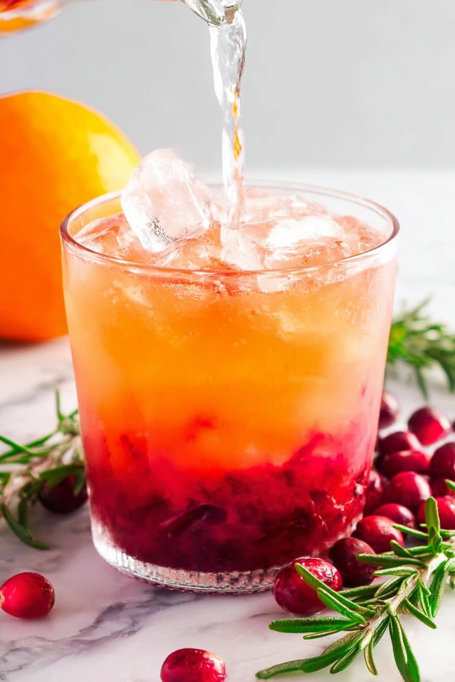 Festive Cranberry Orange Punch, holiday fruit punch, Christmas party drinks, sparkling holiday punch, easy holiday beverage - The image shows a short clear glass filled with bright red and orange drink layers, ice cubes on top, and a clear liquid being poured in from above. The bottom layer is a deep red with some crushed berries visible inside, while the top layer is a lighter orange that fades upward. Around the glass on the white marbled surface are fresh red berries and sprigs of green rosemary. A whole bright orange is slightly blurred in the background. The overall scene is bright and fresh with a soft natural light. photo taken with an iphone --ar 2:3 --v 7