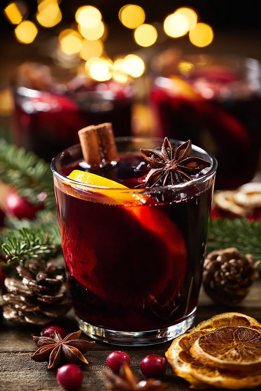 Easy German Mulled Wine, warm festive drinks, holiday mulled wine, cozy winter beverages, homemade mulled wine - A clear glass filled with dark red mulled wine shows several layers inside: a thick slice of orange with bright orange peel and a smooth surface leaning inside the drink, dark brown cinnamon sticks standing upright, and star anise with a shiny texture floating on top. The drink glass is placed on a wooden table surrounded by dried orange slices, pine cones, cranberries, and green pine leaves. In the blurred background, two more glasses of mulled wine with similar content and warm glowing lights create a cozy scene. Photo taken with an iphone --ar 2:3 --v 7