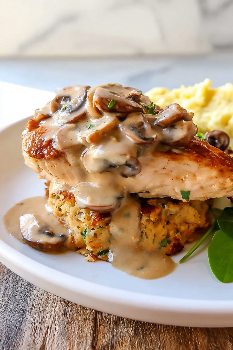 Stuffed Chicken Marsala with Mushroom Sauce, Chicken Marsala with Mushroom and Cheese Filling, Easy Stuffed Chicken Recipes, Elegant Chicken Marsala Dish, Creamy Mushroom Chicken Dinner - The dish shows a stack of two cooked chicken pieces on a white plate, placed on a wooden surface with a white marbled background. The bottom chicken layer is golden brown with a textured surface and small green herbs visible on it. The top chicken layer is topped with creamy mushroom sauce, light brown in color with sliced mushrooms scattered on it, some sauce dripping down the sides. There is an extra portion of mushroom sauce with sliced mushrooms beside the chicken stack on the plate. In the background, a small portion of light yellow mashed potatoes appears slightly blurred. A green herb leaf is partially visible near the mushroom sauce on the right side. Photo taken with an iphone --ar 2:3 --v 7