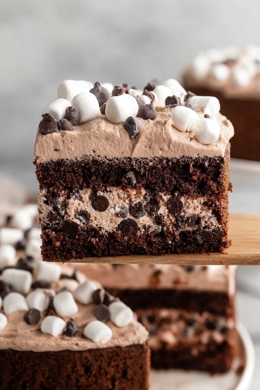 Hot Chocolate Poke Cake, chocolate poke cake, hot cocoa dessert, marshmallow fudge cake, easy chocolate cake recipe - The image shows a close-up of a thick slice of chocolate cake. The cake has two layers: the bottom dense, dark chocolate layer with visible chocolate chips inside, and on top, a smooth light brown frosting layer. The frosting is decorated with small white marshmallows and dark chocolate chips scattered around. The slice is held by a wooden spatula above the rest of the cake, which is on a white plate with a white marbled background. photo taken with an iphone --ar 2:3 --v 7