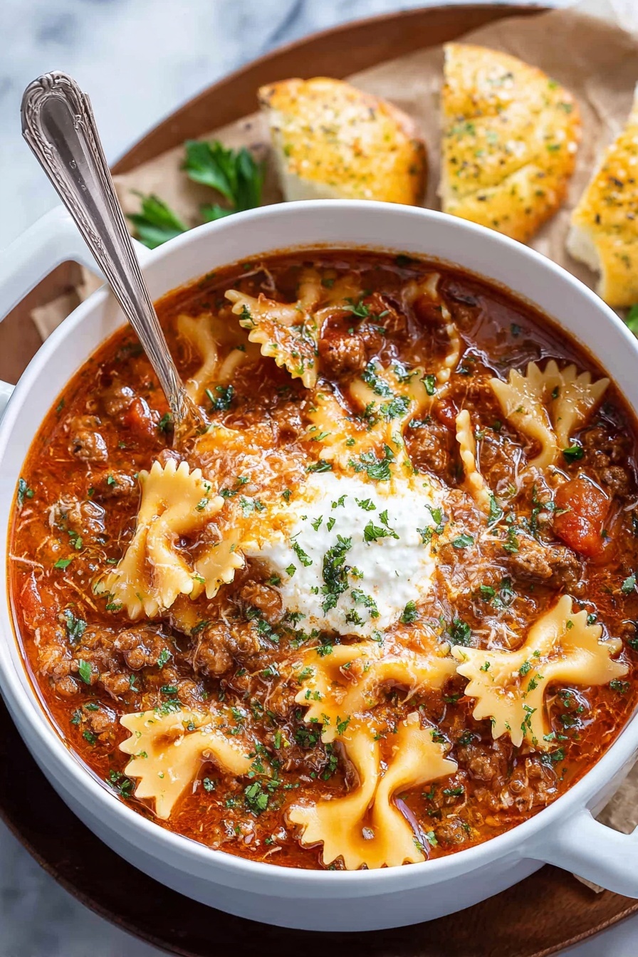Lasagna Soup, easy lasagna soup, comforting soup recipes, quick weeknight dinners, Italian soup ideas - A white bowl filled with three layers of pasta soup: the bottom layer is a thick, red tomato and meat sauce mixed with pieces of wavy-edged pasta and browned ground meat; the middle layer shows melted shredded cheese blending into the sauce; the top layer has a dollop of white ricotta cheese sprinkled with small green parsley leaves. The bowl sits on a brown paper on a round wooden tray, with three pieces of golden focaccia bread above it. A silver spoon partly dips into the soup. The background has a white marbled texture photo taken with an iphone --ar 2:3 --v 7