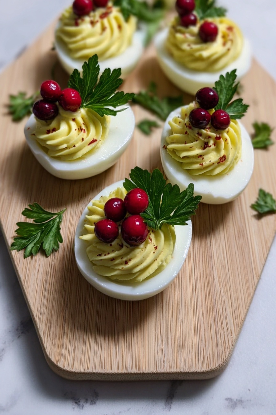 Festive Christmas Deviled Eggs, Christmas appetizer ideas, holiday party finger foods, holiday deviled eggs, festive egg recipes - The image shows a wooden board shaped like a Christmas tree on a white marbled surface. On the board, there are nine deviled eggs arranged in rows. Each egg has a smooth white outer layer of egg white, filled with a yellow, creamy textured yolk mixture swirled on top. On top of the yellow filling, there are small bright red pomegranate seeds and a fresh green parsley leaf beside them for decoration. To the right side, there is a glass with a dark red drink that has a plaid pattern on it, and to the left, there is a white cloth with red and green Christmas patterns. photo taken with an iphone --ar 2:3 --v 7