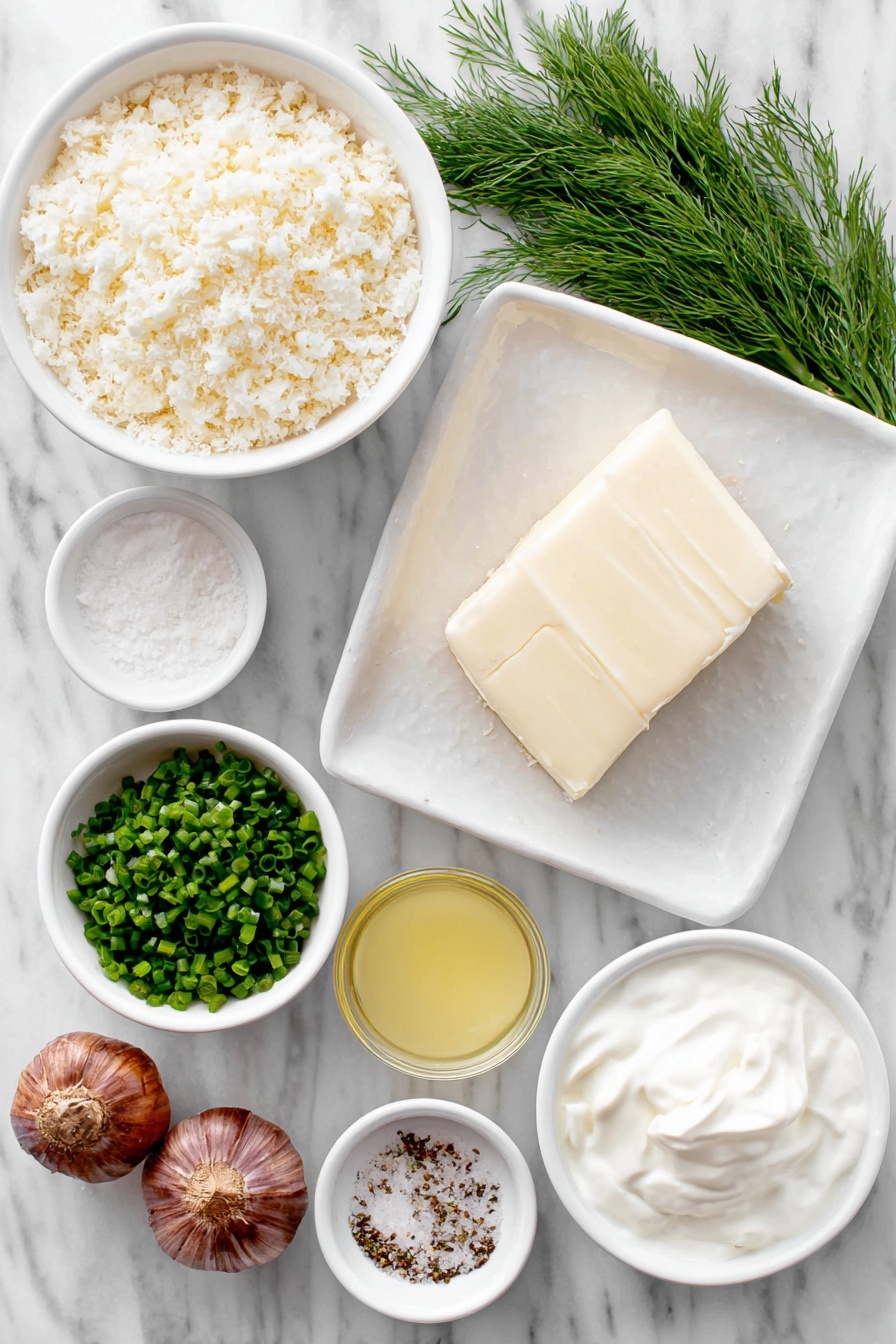 Fried Pickle Dip, fried pickle dip recipe, crispy pickle dip, tangy appetizer, party dip ideas - Flat lay of panko bread crumbs in a small white ceramic bowl, a tablespoon of golden butter on a white plate, two whole uncracked brown garlic cloves, a small white bowl of creamy sour cream, a small white bowl of smooth cream cheese, a small white bowl of pale yellow lemon juice, a small white bowl of clear dill pickle juice, chopped bright green dill pickles on a white plate, finely minced fresh green chives and fresh dill arranged neatly on small white ceramic bowls, sprinkled coarse salt and black pepper on a white plate, all placed on a clean white marble surface, soft natural light, photo taken with an iPhone, professional food photography style, fresh ingredients, white ceramic bowls, no bottles, no duplicates, no utensils, no packaging --ar 2:3 --v 7 --p m7354615311229779997