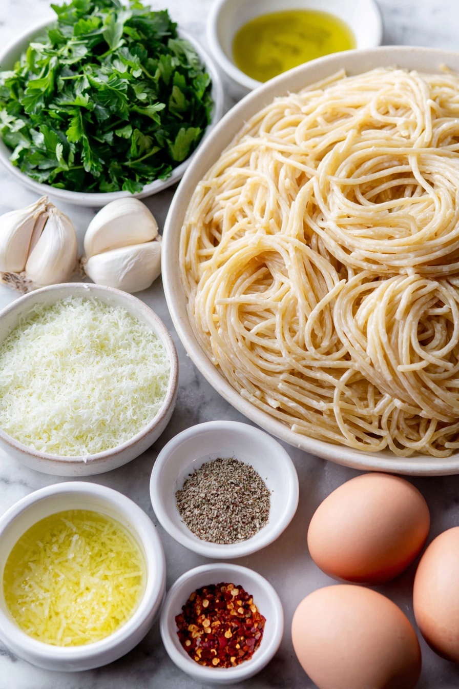 Lemon Garlic Pasta, Lemon Garlic Pasta Recipe, Easy Lemon Pasta, Zesty Garlic Pasta, Bright Lemon Pasta - Flat lay of a pile of fresh uncooked spaghetti noodles, three whole garlic cloves with papery skins, a small bunch of bright green parsley sprigs, a small white ceramic bowl holding golden olive oil, a tiny white bowl filled with vibrant yellow lemon zest, another small white bowl with freshly squeezed lemon juice, a small white bowl of coarse salt crystals, a small white bowl with crushed red pepper flakes, a small white bowl filled with finely grated parmesan cheese, and two light brown eggs with clean shells, all arranged symmetrically on a clean white marble surface, soft natural light, photo taken with an iPhone, professional food photography style, fresh ingredients, white ceramic bowls, no bottles, no duplicates, no utensils, no packaging --ar 2:3 --v 7 --p m7354615311229779997