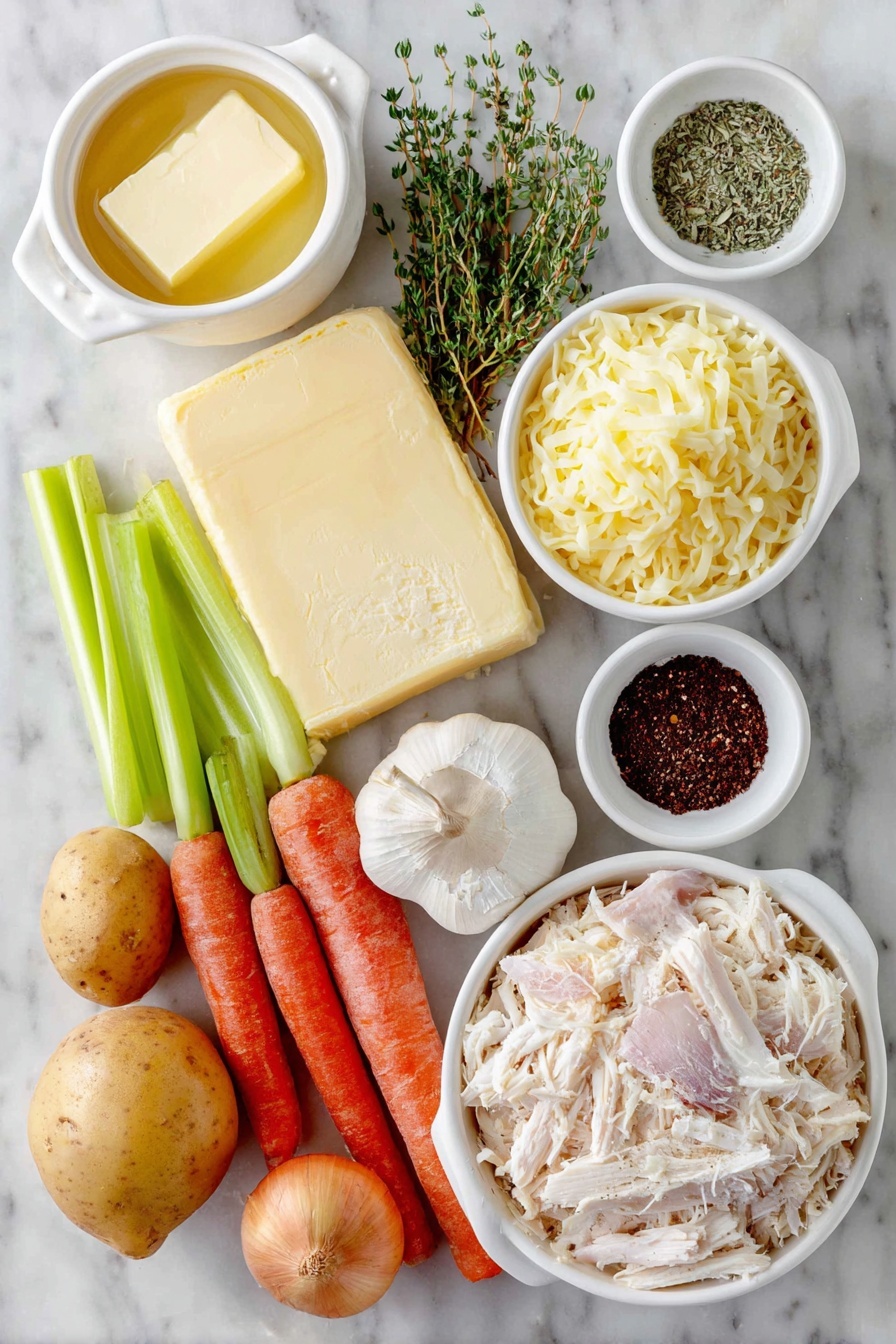 Creamy Chicken Noodle Soup, creamy chicken noodle soup, comforting chicken noodle soup, easy chicken noodle soup, hearty creamy soup - Flat lay of unsalted butter in a small white ceramic bowl, half of a large yellow onion chopped, a handful of whole fresh carrots sliced, three celery stalks sliced, two whole uncracked garlic cloves, all-purpose flour in a small white ceramic bowl, fresh ground black pepper in a small white ceramic bowl, dried thyme leaves in a small white ceramic bowl, dried oregano in a small white ceramic bowl, peeled and diced medium potato, shredded cooked chicken, half-and-half in a small white ceramic bowl, uncooked wide egg noodles, placed on a clean white marble surface, soft natural light, photo taken with an iPhone, professional food photography style, fresh ingredients, white ceramic bowls, no bottles, no duplicates, no utensils, no packaging --ar 2:3 --v 7 --p m7354615311229779997