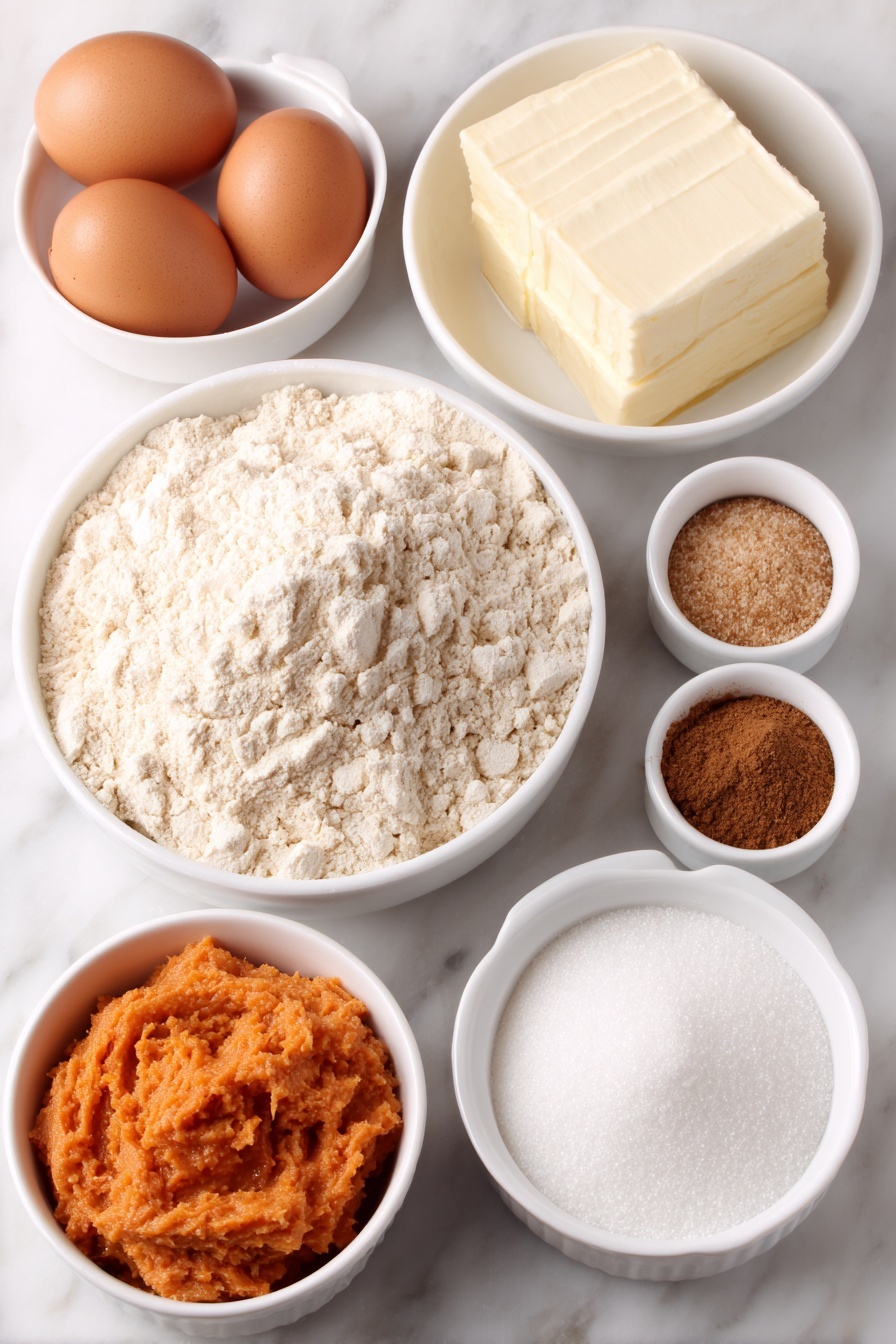 Pumpkin Cookies with Cream Cheese Frosting, fall pumpkin cookie recipes, soft pumpkin cookies, pumpkin spice cookies,cream cheese frosting desserts - Flat lay of a small mound of all-purpose flour, a few whole brown eggs with clean shells, a small white ceramic bowl of granulated sugar, another small white bowl with light brown sugar packed gently, a few whole sticks of unsalted butter neatly arranged, a small white bowl containing bright orange pumpkin puree, a small white bowl filled with powdered sugar, a tiny white bowl with ground cinnamon, another tiny white bowl with ground nutmeg, a small white bowl with ground ginger, and a very small white bowl with ground cloves, plus a small white bowl with vanilla extract, all placed on a clean white marble surface, soft natural light, photo taken with an iPhone, professional food photography style, fresh ingredients, white ceramic bowls, no bottles, no duplicates, no utensils, no packaging --ar 2:3 --v 7 --p m7354615311229779997