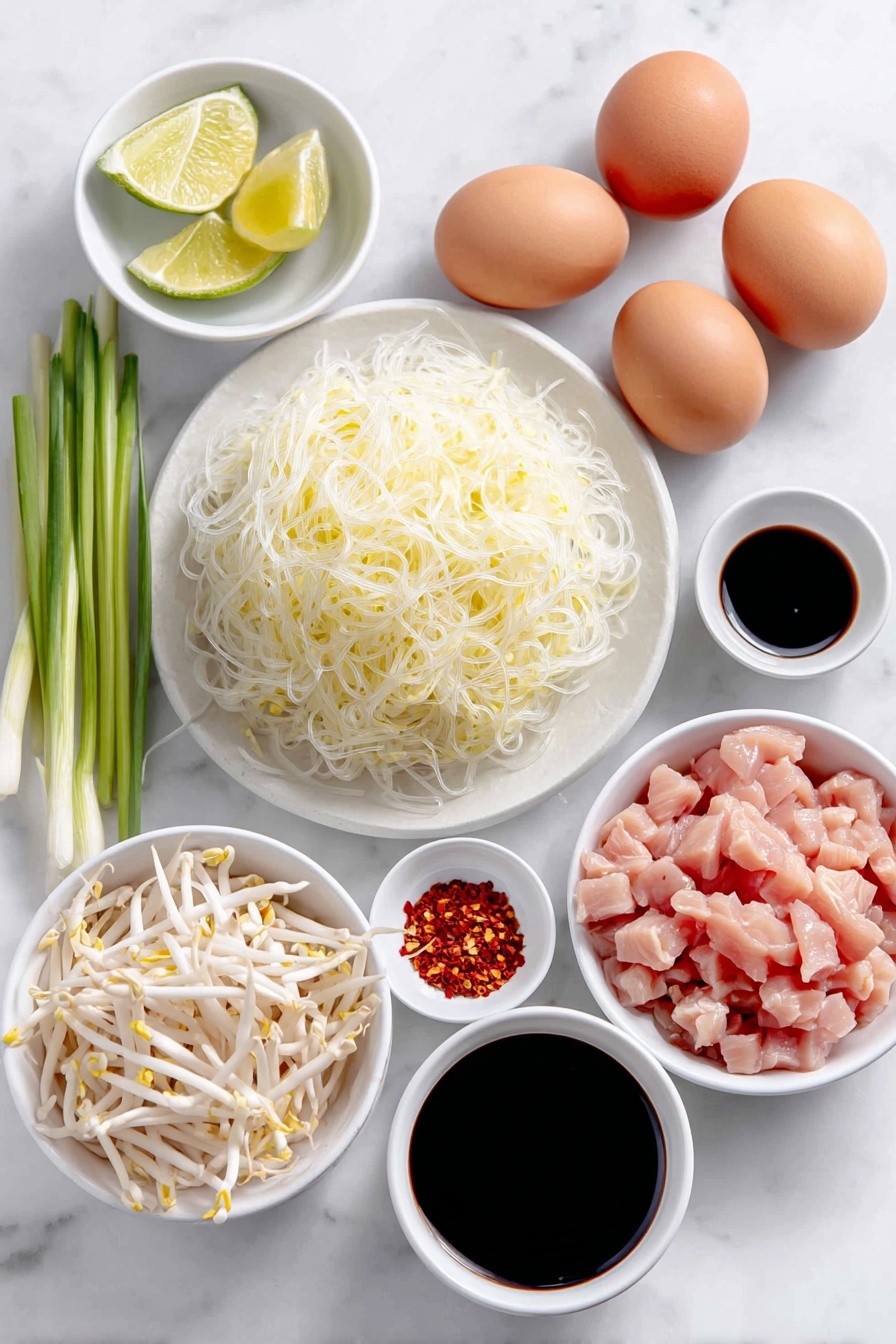 Easy Chicken Pad Thai, Thai Chicken Pad Thai, homemade Pad Thai, quick Chicken Pad Thai, authentic Thai stir-fry - Flat lay of a small heap of thin rice noodles, fresh whole lime and lime wedges, a small pile of sliced green onions, a medium-sized peeled carrot julienned, a handful of fresh white bean sprouts, three whole brown eggs with clean shells, chopped roasted peanuts arranged neatly, a few garlic cloves unpeeled, thinly sliced raw chicken breast pieces, and four small white ceramic bowls containing tamarind paste, dark fish sauce, packed brown sugar, and clear soy sauce, a tiny white bowl with vibrant red pepper flakes, all ingredients fresh and natural on a clean white marble surface, soft natural light, photo taken with an iPhone, professional food photography style, fresh ingredients, white ceramic bowls, no bottles, no duplicates, no utensils, no packaging --ar 2:3 --v 7 --p m7354615311229779997