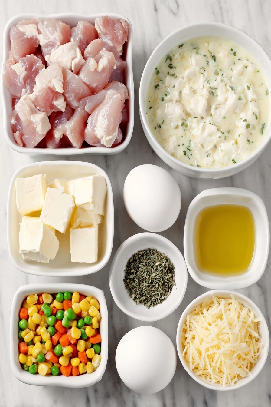 Cheddar Bay Chicken Pot Pie, Chicken Pot Pie with Cheddar Bay Biscuits, Easy Chicken Pot Pie, Comfort Food Recipes, Homemade Chicken Pot Pie - Flat lay of chopped raw chicken breast chunks, a small white bowl of olive oil, a small pile of frozen mixed vegetables with visible carrots, peas, and corn, two unopened cans of cream of chicken soup replaced by a small white bowl filled with creamy chicken soup with herbs, a small white bowl with a heap of poultry seasoning powder, another small white bowl containing dried thyme, a small white bowl holding dried parsley, a small mound of shredded sharp cheddar cheese, a small white bowl with cold water, a few cubes of cold butter, and two whole uncracked brown eggs, all arranged in perfect symmetry surrounding a simple white ceramic bowl with cheddar bay biscuit mix powder, placed on a clean white marble surface, soft natural light, photo taken with an iPhone, professional food photography style, fresh ingredients, white ceramic bowls, no bottles, no duplicates, no utensils, no packaging --ar 2:3 --v 7 --p m7354615311229779997