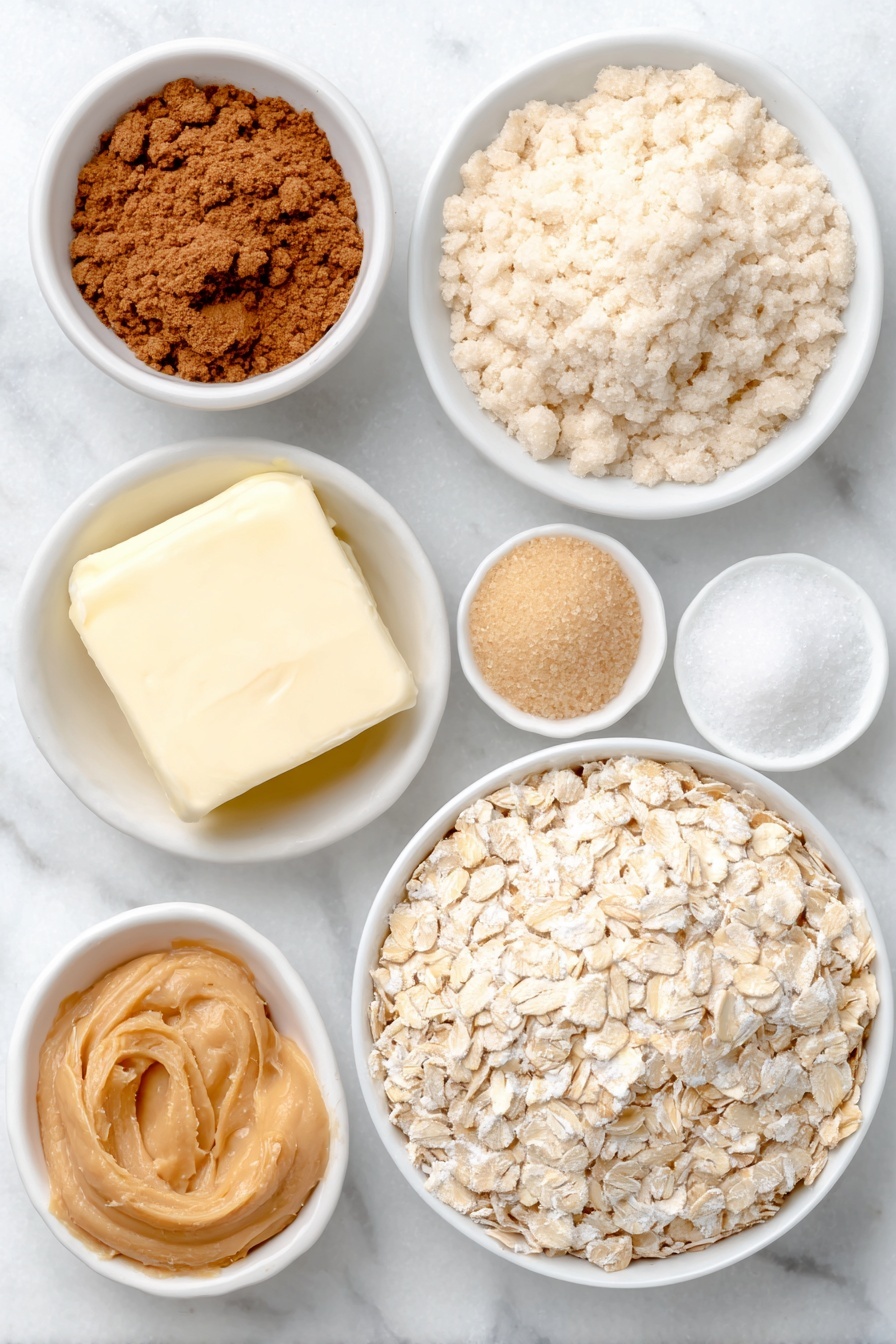 Peanut Butter Oatmeal Cookies, chewy peanut butter cookies, easy oatmeal cookies, healthy cookies with peanut butter, quick oatmeal cookie recipe - Flat lay of old fashioned oats loosely piled, a small mound of all-purpose flour, a few grains of light brown sugar in a small white ceramic bowl, a few granules of white granulated sugar in a small white ceramic bowl, a small pinch of kosher salt, a tiny heap of ground cinnamon, a few tablespoons of softened unsalted butter in a simple white ceramic bowl, creamy peanut butter dolloped in a white ceramic bowl, one large whole egg with clean shell, and a small white ceramic bowl holding clear vanilla extract placed on a clean white marble surface, soft natural light, photo taken with an iPhone, professional food photography style, fresh ingredients, white ceramic bowls, no bottles, no duplicates, no utensils, no packaging --ar 2:3 --v 7 --p m7354615311229779997