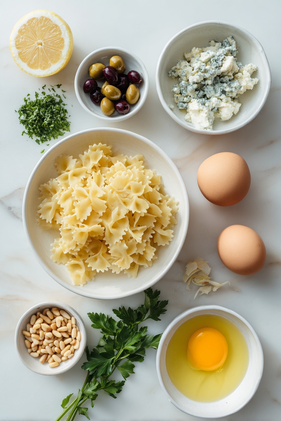 Dirty Martini Pasta Salad, easy pasta salad recipes, flavorful pasta salad ideas, briny pasta salad, party pasta salads - Flat lay of a simple white ceramic bowl filled with a small pile of uncooked malfa corta pasta, a few sprigs of roughly chopped fresh parsley next to it, a small white bowl with a heap of smashed Castelvetrano olives, another small white bowl containing clear olive brine, crumbled blue cheese arranged in a small pile, toasted pine nuts scattered neatly in a small white bowl, a whole fresh lemon with visible zest shavings beside it, a small white bowl with freshly squeezed lemon juice, and a small white bowl holding minced garlic, alongside two whole uncracked brown eggs placed symmetrically, all ingredients fresh and natural, balanced perfectly in a professional flat lay composition placed on a clean white marble surface, soft natural light, photo taken with an iPhone, professional food photography style, fresh ingredients, white ceramic bowls, no bottles, no duplicates, no utensils, no packaging --ar 2:3 --v 7 --p m7354615311229779997