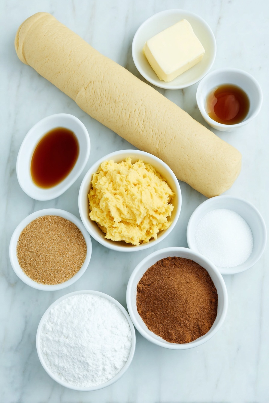 Pumpkin Pie Twists with Crescent Dough, pumpkin pie twists, fall dessert ideas, easy pumpkin snacks, quick pumpkin treats - Flat lay of a tube of unrolled crescent roll dough, a small white bowl of bright orange pumpkin puree, a small white bowl of golden brown sugar, a small white bowl of amber maple syrup, a small white bowl of mixed pumpkin spice powder, a small white bowl of melted butter with a glossy surface, a small white bowl of granulated white sugar, a small white bowl of ground cinnamon, all arranged in perfect symmetry on simple white ceramic dishes, placed on a clean white marble surface, soft natural light, photo taken with an iPhone, professional food photography style, fresh ingredients, white ceramic bowls, no bottles, no duplicates, no utensils, no packaging --ar 2:3 --v 7 --p m7354615311229779997