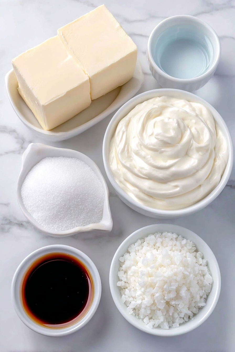 Homemade Salted Caramel, salted caramel recipe, how to make salted caramel, caramel sauce from scratch, salted caramel dessert - Flat lay of a few small cubes of golden salted butter, a small white ceramic bowl filled with rich heavy cream, a small white ceramic bowl of clear water, a small white ceramic bowl of light golden corn syrup, a small white ceramic bowl heaped with fine granulated white sugar, and a small pile of delicate white flaked sea salt crystals, all arranged symmetrically on a clean white marble surface, soft natural light, photo taken with an iPhone, professional food photography style, fresh ingredients, white ceramic bowls, no bottles, no duplicates, no utensils, no packaging --ar 2:3 --v 7 --p m7354615311229779997