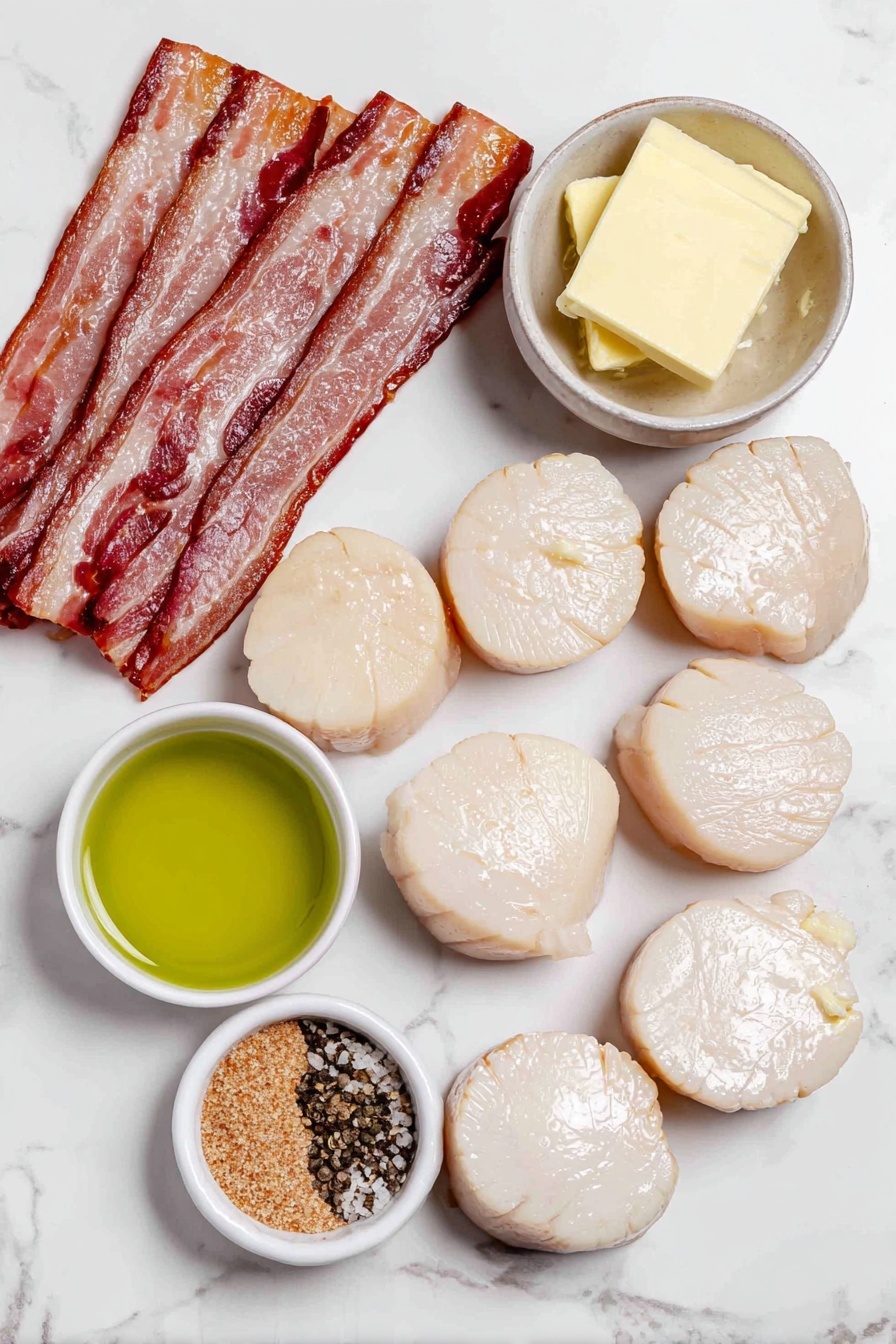 Bacon-Wrapped Scallops, scallop appetizer ideas, seafood appetizer recipes, easy scallops with bacon, gourmet seafood dishes - Flat lay of uncooked large sea scallops arranged neatly beside several raw strips of streaky bacon, a small white ceramic bowl with softened golden melted butter, a minced garlic clove resting whole next to a tiny white bowl containing light brown granulated brown sugar, a separate tiny white bowl with coarse sea salt, a pinch of freshly ground black pepper scattered delicately beside it, and another small white bowl filled with clear light green avocado oil, all spaced evenly and symmetrically, placed on a clean white marble surface, soft natural light, photo taken with an iPhone, professional food photography style, fresh ingredients, white ceramic bowls, no bottles, no duplicates, no utensils, no packaging --ar 2:3 --v 7 --p m7354615311229779997