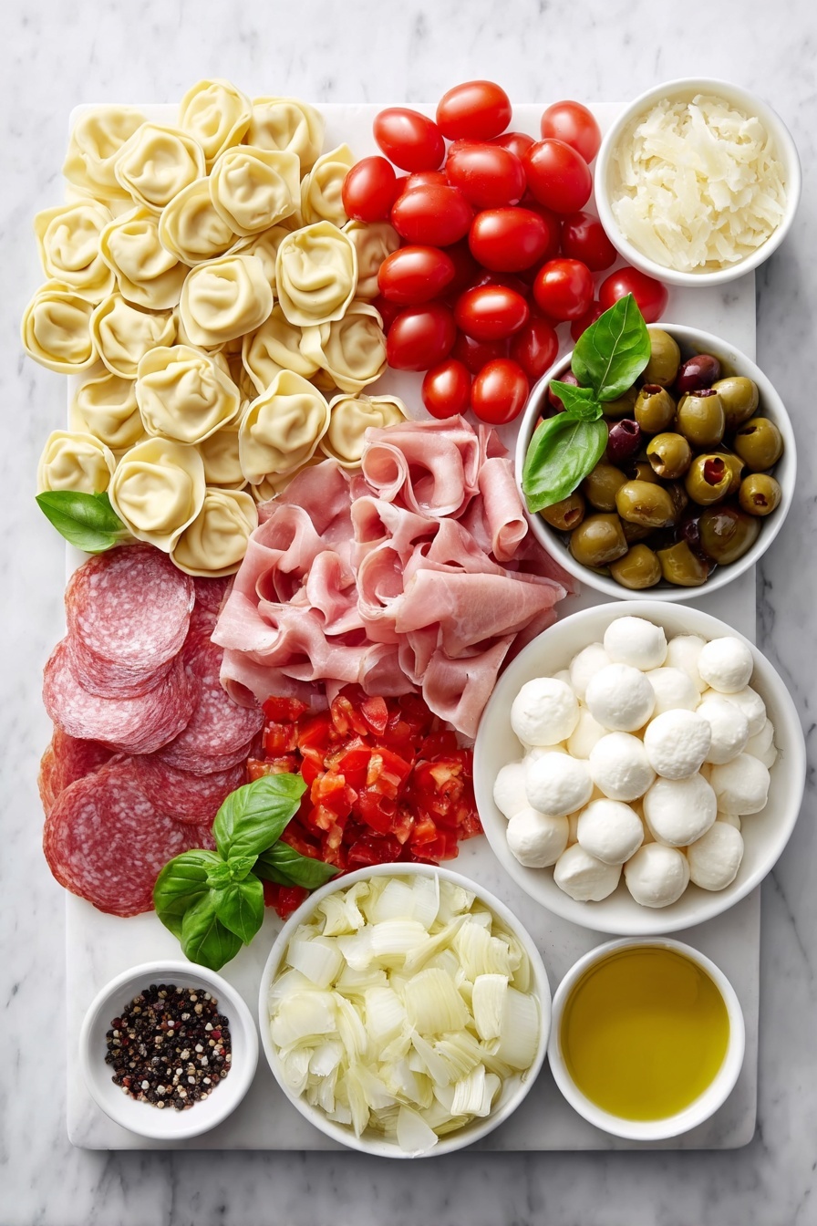 Antipasto Skewers with Tortellini and Cheese, Italian appetizer recipes, easy party appetizers, cheese and charcuterie skewers, make-ahead appetizer ideas - Flat lay of fresh cheese tortellini pasta, plump cherry tomatoes, large green Castelvetrano olives, torn bright green basil leaves, thin slices of rosy Genoa salami, delicate pink prosciutto slices, small white baby mozzarella balls, sharp provolone cheese cubes, chopped bright red roasted peppers, chopped pale artichoke hearts, and small white bowls containing golden olive oil, pale yellow lemon juice, deep red wine vinegar, sticky honey, minced fresh garlic cloves, coarse salt crystals, and whole black peppercorns, all arranged in perfect symmetry on simple white ceramic bowls and plates, placed on a clean white marble surface, soft natural light, photo taken with an iPhone, professional food photography style, fresh ingredients, white ceramic bowls, no bottles, no duplicates, no utensils, no packaging --ar 2:3 --v 7 --p m7354615311229779997