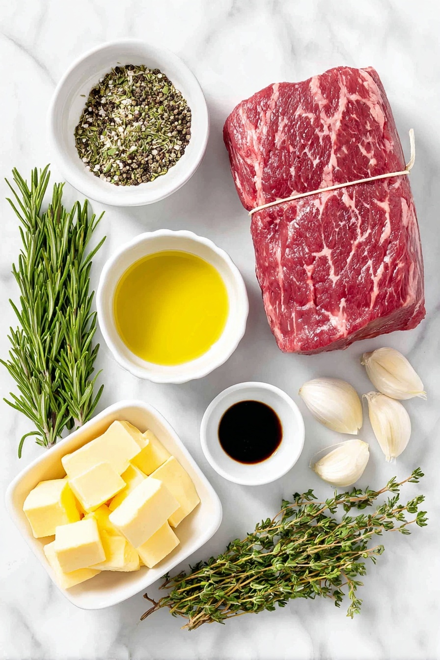 Herb Garlic Butter Beef Tenderloin, classic beef tenderloin roast, garlic herb steak, elegant beef dinner, juicy beef tenderloin - Flat lay of a whole center-cut beef tenderloin roast tied with kitchen twine, two teaspoons coarse kosher salt crystals scattered nearby, a small white ceramic bowl filled with freshly ground black pepper, a small white ceramic bowl containing glossy avocado oil, a small white ceramic bowl of soft golden butter, six garlic cloves with papery skins intact, a few sprigs of fresh rosemary with needle-like leaves, a few sprigs of fresh thyme with tiny green leaves, all arranged symmetrically on a clean white marble surface, soft natural light, photo taken with an iPhone, professional food photography style, fresh ingredients, white ceramic bowls, no bottles, no duplicates, no utensils, no packaging --ar 2:3 --v 7 --p m7354615311229779997