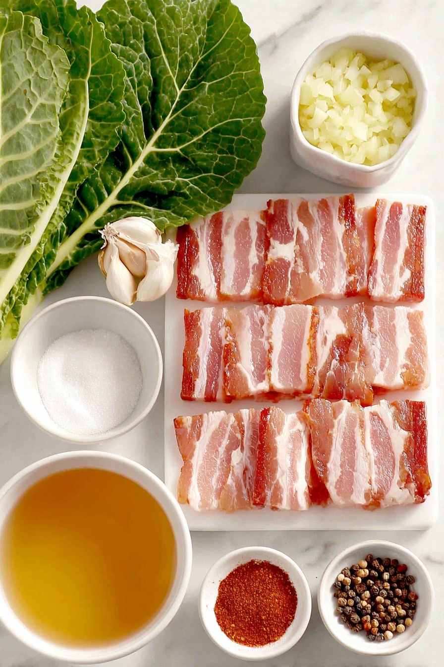 Southern Collard Greens with Bacon, collard greens recipe, bacon collard greens, Southern greens with bacon, smoky collard greens - Flat lay of eight slices of raw chopped bacon arranged neatly, one medium yellow onion peeled and finely chopped in a small white ceramic bowl, three whole uncracked garlic cloves, a fresh bunch of dark green collard greens with visible veins and trimmed edges, a small white bowl filled with light golden chicken broth, a tiny white bowl holding clear apple cider vinegar, a small white bowl with granulated white sugar, a small white bowl containing a reddish-brown Cajun seasoning mix, a tiny white bowl of vibrant red smoked paprika powder, a small white bowl with crushed red pepper flakes, and a small pile of coarse salt and whole black peppercorns placed symmetrically on a clean white marble surface, soft natural light, photo taken with an iPhone, professional food photography style, fresh ingredients, white ceramic bowls, no bottles, no duplicates, no utensils, no packaging --ar 2:3 --v 7 --p m7354615311229779997