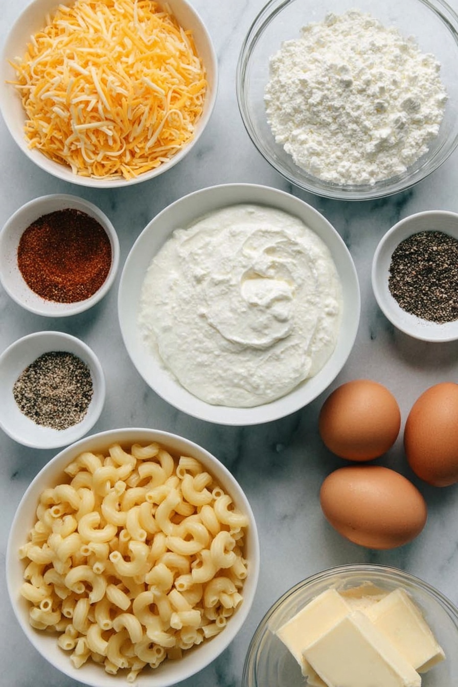 Creamy Baked Mac and Cheese, baked mac and cheese recipe, cheesy baked pasta, comfort food recipes, easy mac and cheese - Flat lay of a small white ceramic bowl of softened cream cheese, a small white ceramic bowl of half and half, a small white ceramic bowl of heavy cream, a small white ceramic bowl of kosher salt and freshly cracked black pepper, two whole uncracked large brown eggs, a small white ceramic bowl of smoked paprika, a small white ceramic bowl holding a blend of garlic powder, onion powder, and mustard powder, a simple white ceramic bowl of cubed American cheese, a simple white ceramic bowl of shredded part-skim mozzarella cheese, a simple white ceramic bowl each of shredded sharp cheddar cheese and shredded Colby jack cheese, a nest of uncooked elbow macaroni, and a small white ceramic bowl of butter, all arranged symmetrically and naturally fresh, placed on a clean white marble surface, soft natural light, photo taken with an iPhone, professional food photography style, fresh ingredients, white ceramic bowls, no bottles, no duplicates, no utensils, no packaging --ar 2:3 --v 7 --p m7354615311229779997