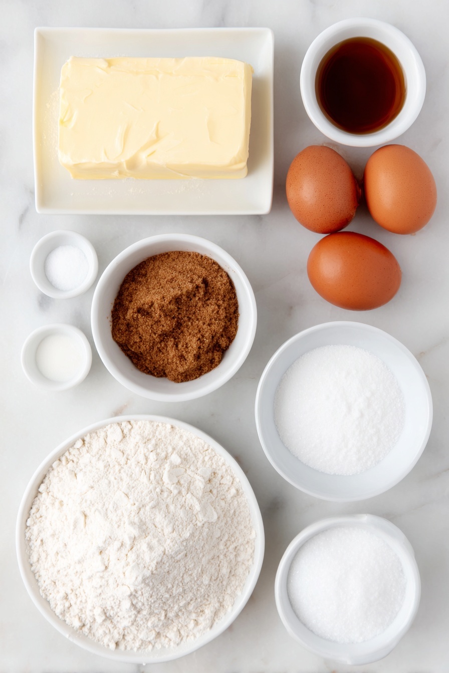 Cinnamon Filling Cookies, cinnamon cookies recipe, soft cinnamon cookies, homemade cinnamon cookies, buttery cinnamon cookies - Flat lay of a stick of salted butter softened with a smooth creamy texture, a small white ceramic bowl filled with packed brown sugar, a small white ceramic bowl of ground cinnamon, a mound of fine granulated sugar on a simple white ceramic plate, two whole uncracked large brown eggs with clean shells, a small white ceramic bowl of vanilla extract, a heap of spooned and leveled all-purpose flour, a small white ceramic bowl of coarse kosher salt, a small white ceramic bowl of smooth cream of tartar powder, and a small white ceramic bowl of baking soda powder — all ingredients arranged with perfect symmetry on a clean white marble surface, soft natural light, photo taken with an iPhone, professional food photography style, fresh ingredients, white ceramic bowls, no bottles, no duplicates, no utensils, no packaging --ar 2:3 --v 7 --p m7354615311229779997