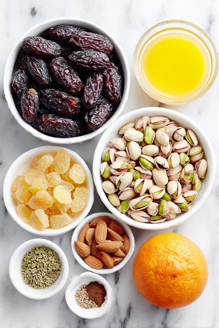 Festive Sugar Plum Balls, holiday treat ideas, no-bake holiday desserts, Christmas sweet treats, easy festive snacks - Flat lay of a simple white ceramic bowl of mixed dried figs, dates, and raisins, a small white bowl filled with glistening crystallized ginger pieces, a handful of whole almonds, pistachios in shells, and pine nuts arranged neatly on the side, a whole large fresh orange with zest scattered alongside a small white bowl of bright orange juice, a separate small white bowl containing ground cinnamon, another small white bowl with ground cardamom, a small white bowl of ground ginger powder, a small white bowl filled with caraway seeds, and a tiny white bowl holding ground cloves, all ingredients fresh and natural, perfectly balanced and symmetrical, placed on a clean white marble surface, soft natural light, photo taken with an iPhone, professional food photography style, fresh ingredients, white ceramic bowls, no bottles, no duplicates, no utensils, no packaging --ar 2:3 --v 7 --p m7354615311229779997