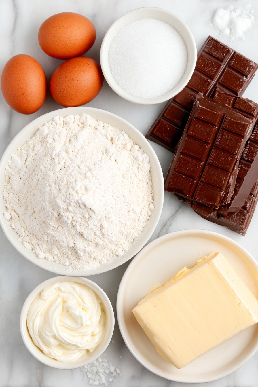 French Silk Chocolate Pie, easy chocolate silk pie, chocolate pie recipe, rich chocolate dessert, creamy chocolate pie - Flat lay of a small mound of all-purpose flour, a few grains of sea salt scattered nearby, a small heap of granulated sugar, a chilled square of shortening, a cluster of three smooth whole brown eggs, a few pieces of semisweet chocolate bars, a softened slab of salted butter, a small white bowl of powdered sugar, two small white bowls filled with heavy whipping cream, a small white bowl containing pure vanilla extract, all arranged symmetrically on a clean white ceramic plate and white ceramic bowls, placed on a clean white marble surface, soft natural light, photo taken with an iPhone, professional food photography style, fresh ingredients, white ceramic bowls, no bottles, no duplicates, no utensils, no packaging --ar 2:3 --v 7 --p m7354615311229779997